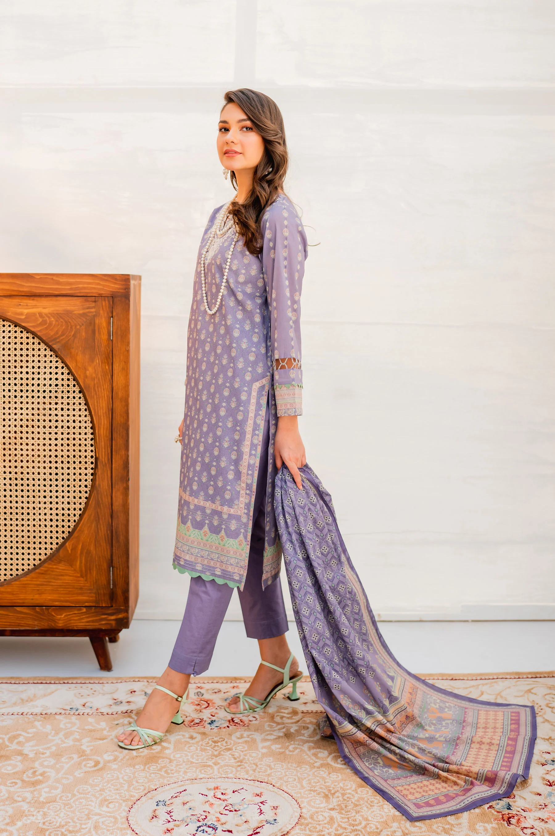 Stitched 3 Piece Embroidered Lawn with Cotton Net Suit - Image 4