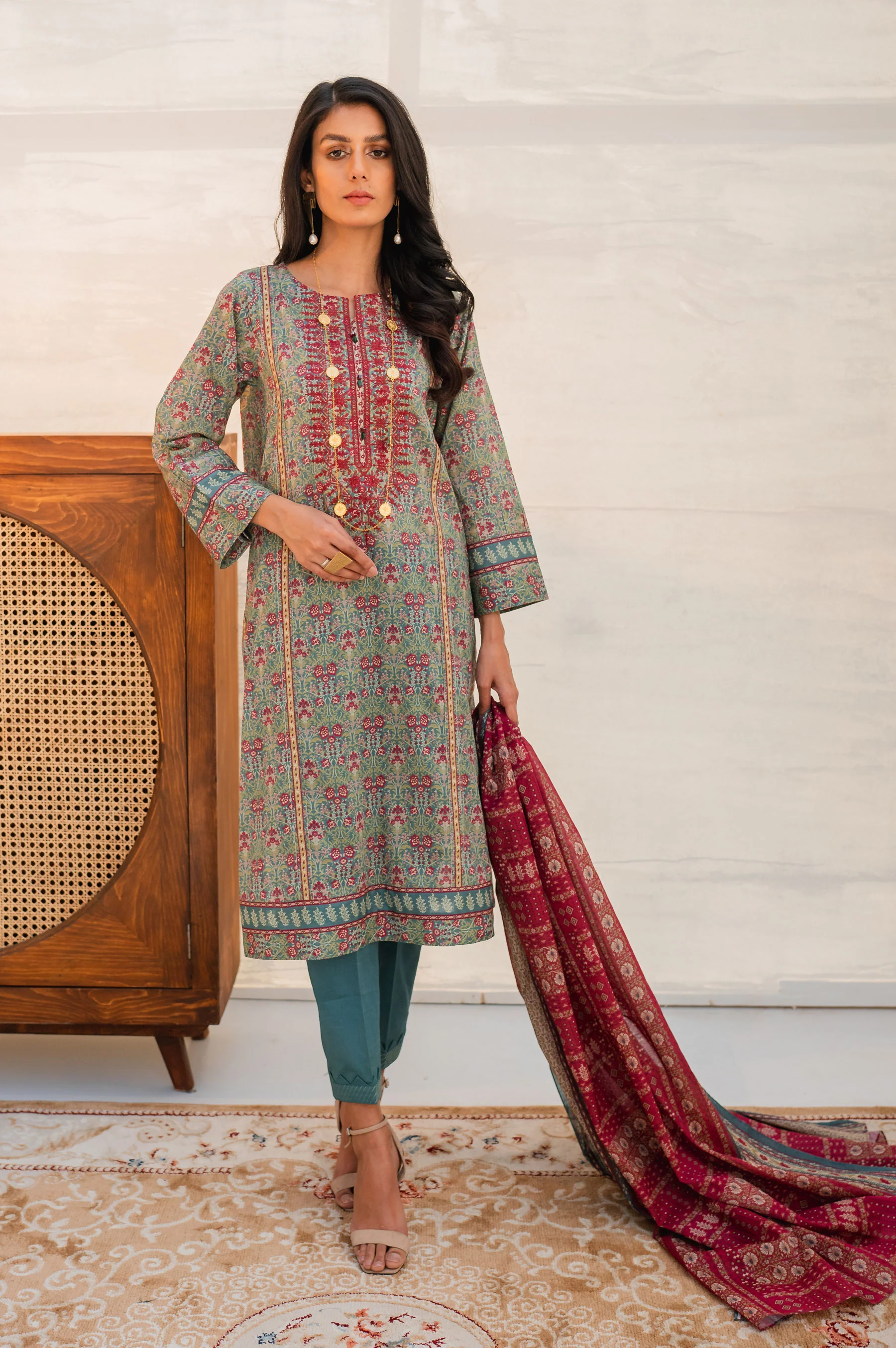 Stitched 3 Piece Embroidered Lawn with Cotton Net Suit - Image 2