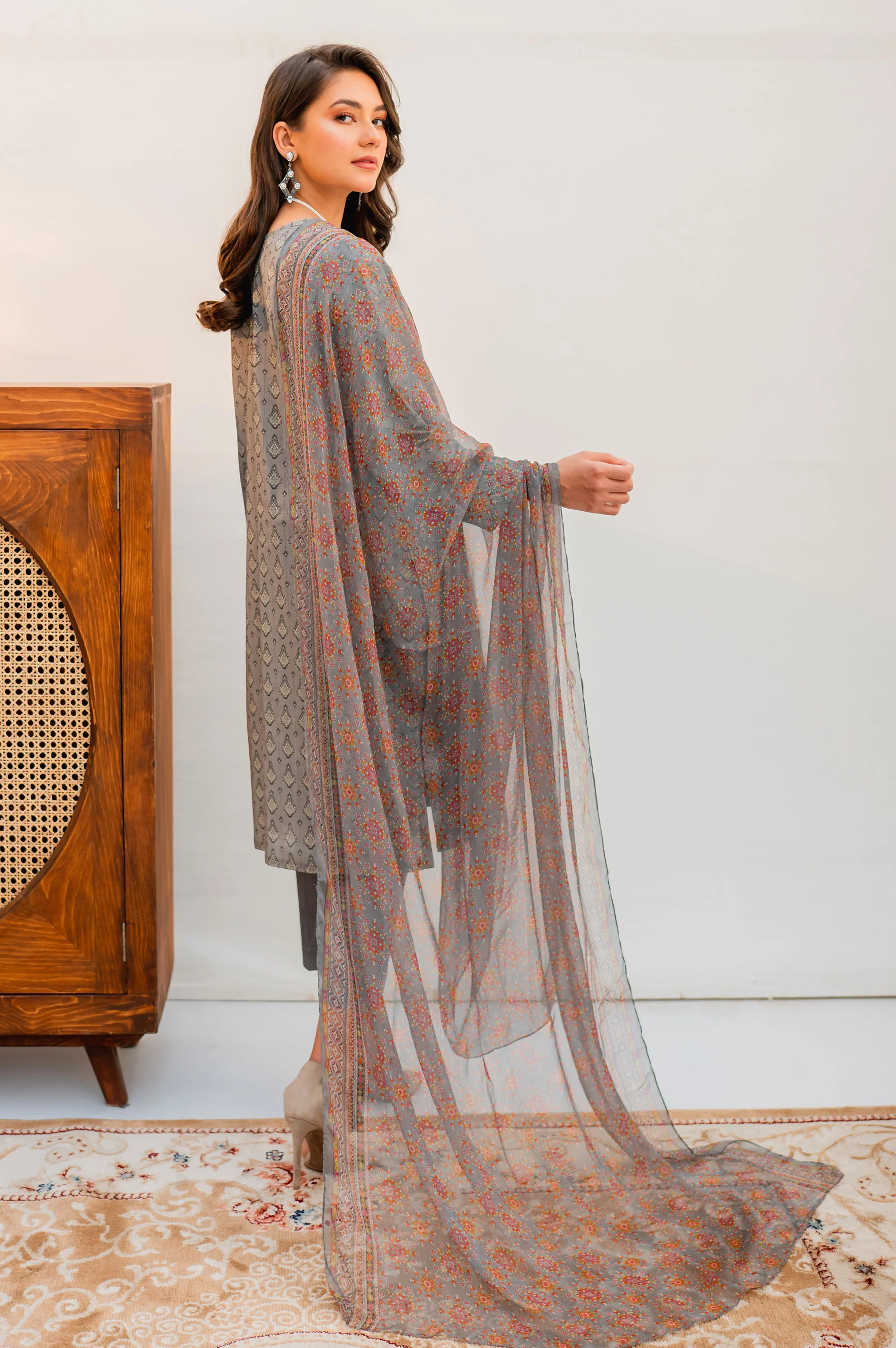 Stitched 3 Piece Embroidered Lawn with Chiffon Suit - Image 2