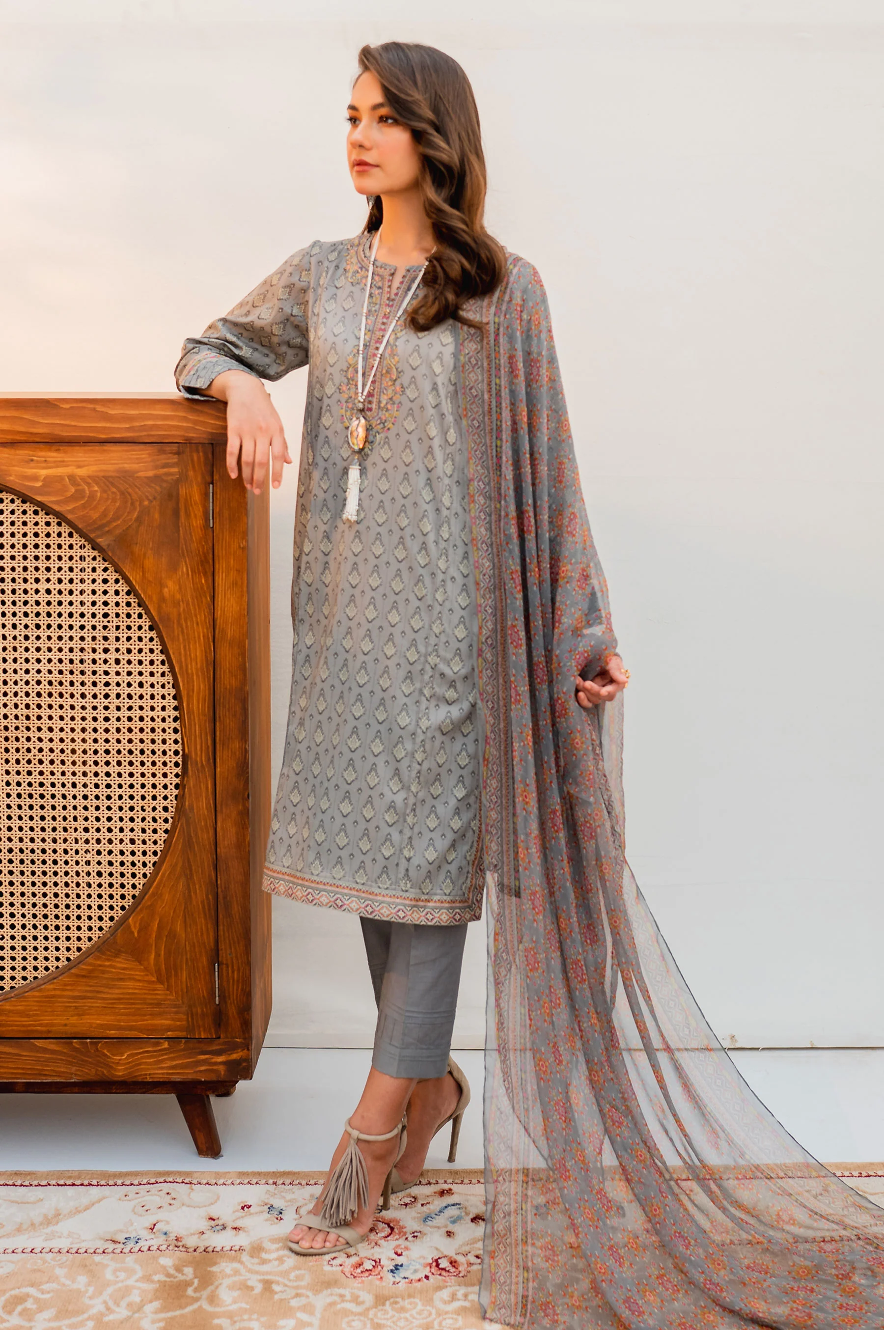 Stitched 3 Piece Embroidered Lawn with Chiffon Suit - Image 5