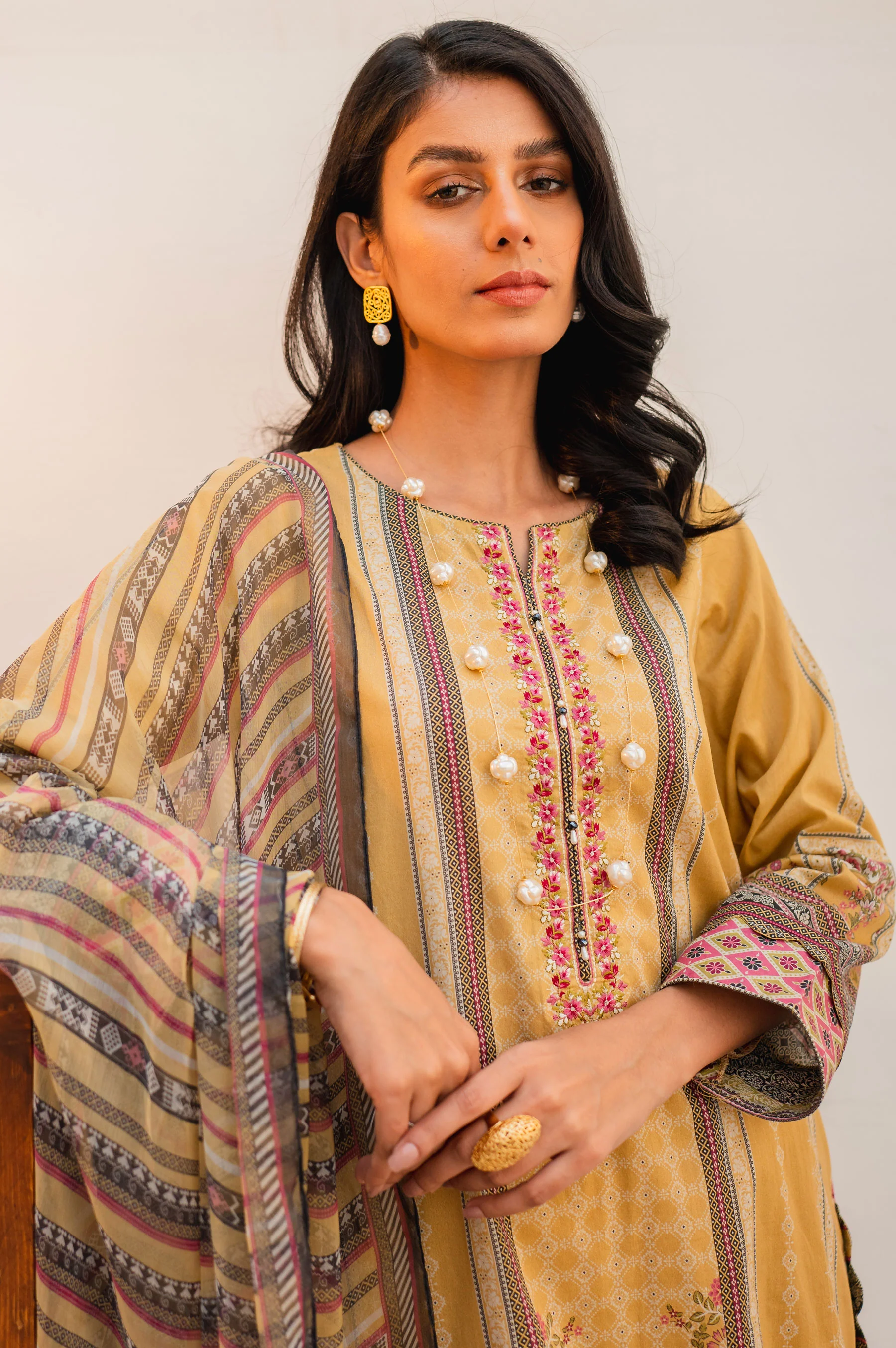 Stitched 3 Piece Embroidered Lawn with Chiffon Suit - Image 3