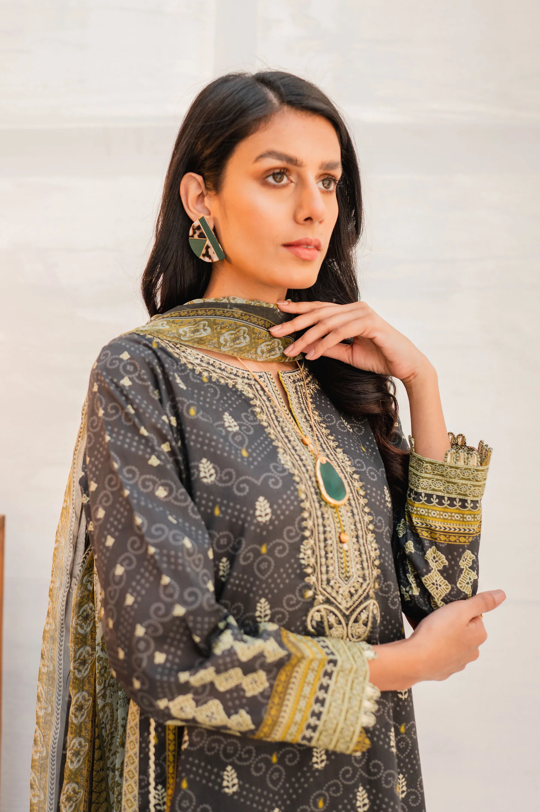 Stitched 3 Piece Embroidered Lawn with Chiffon Suit - Image 3
