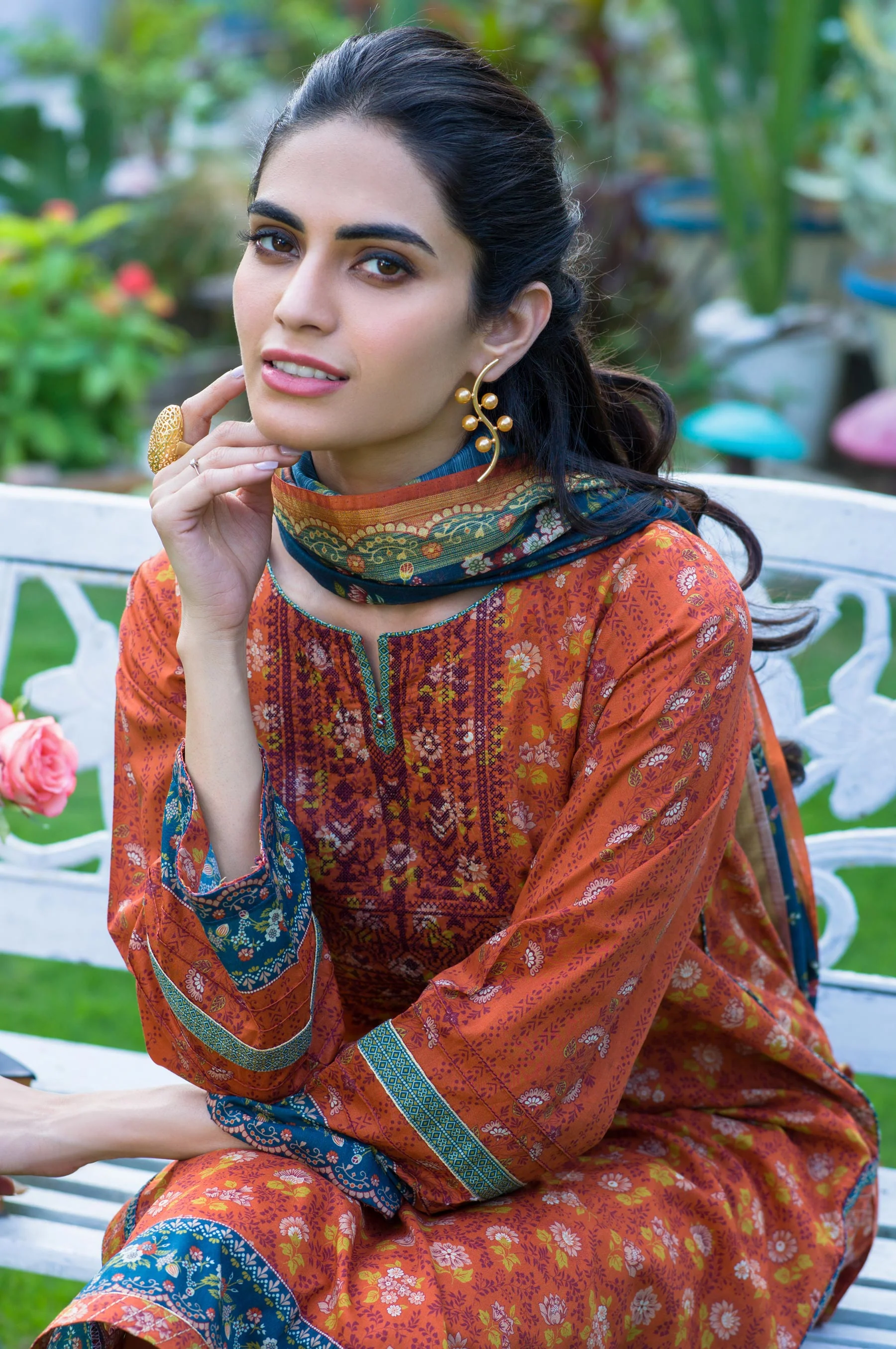 Stitched 3 Piece Embroidered Lawn with Slub Organza Suit - Image 5