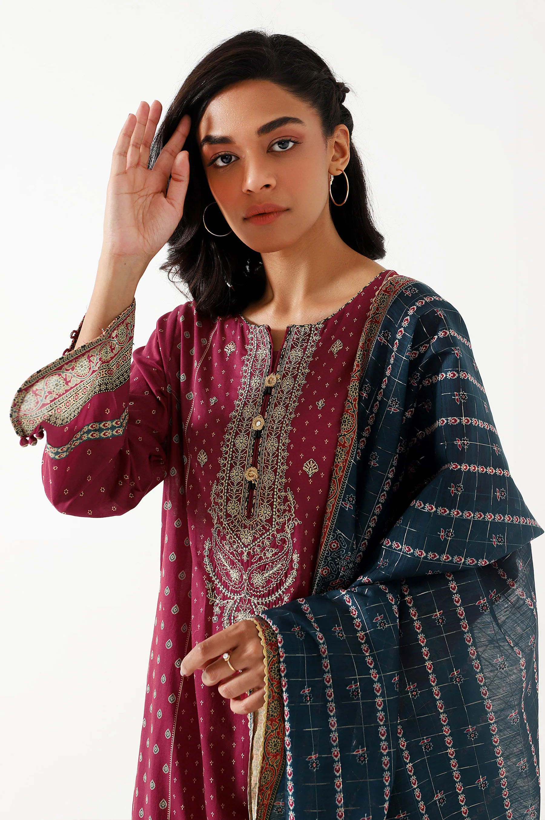 Stitched 3 Piece Embroidered Lawn with Checkered Organza Suit - Image 3