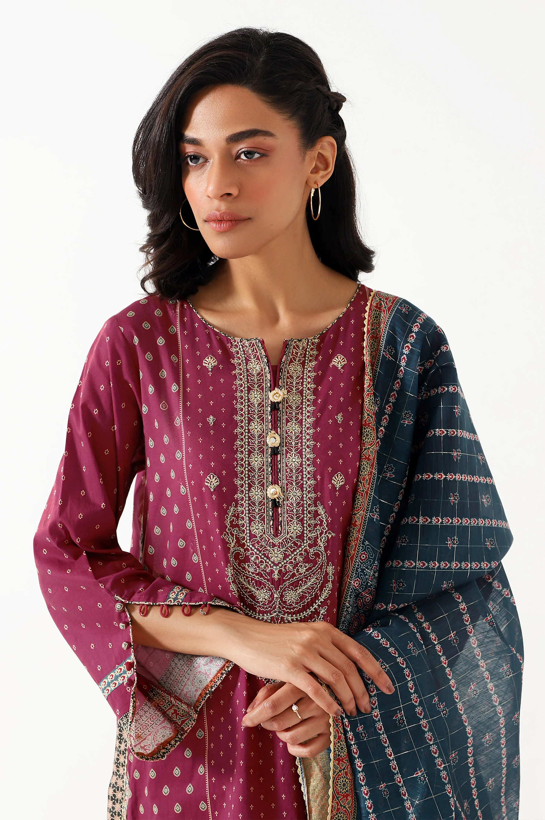 Stitched 3 Piece Embroidered Lawn with Checkered Organza Suit - Image 6