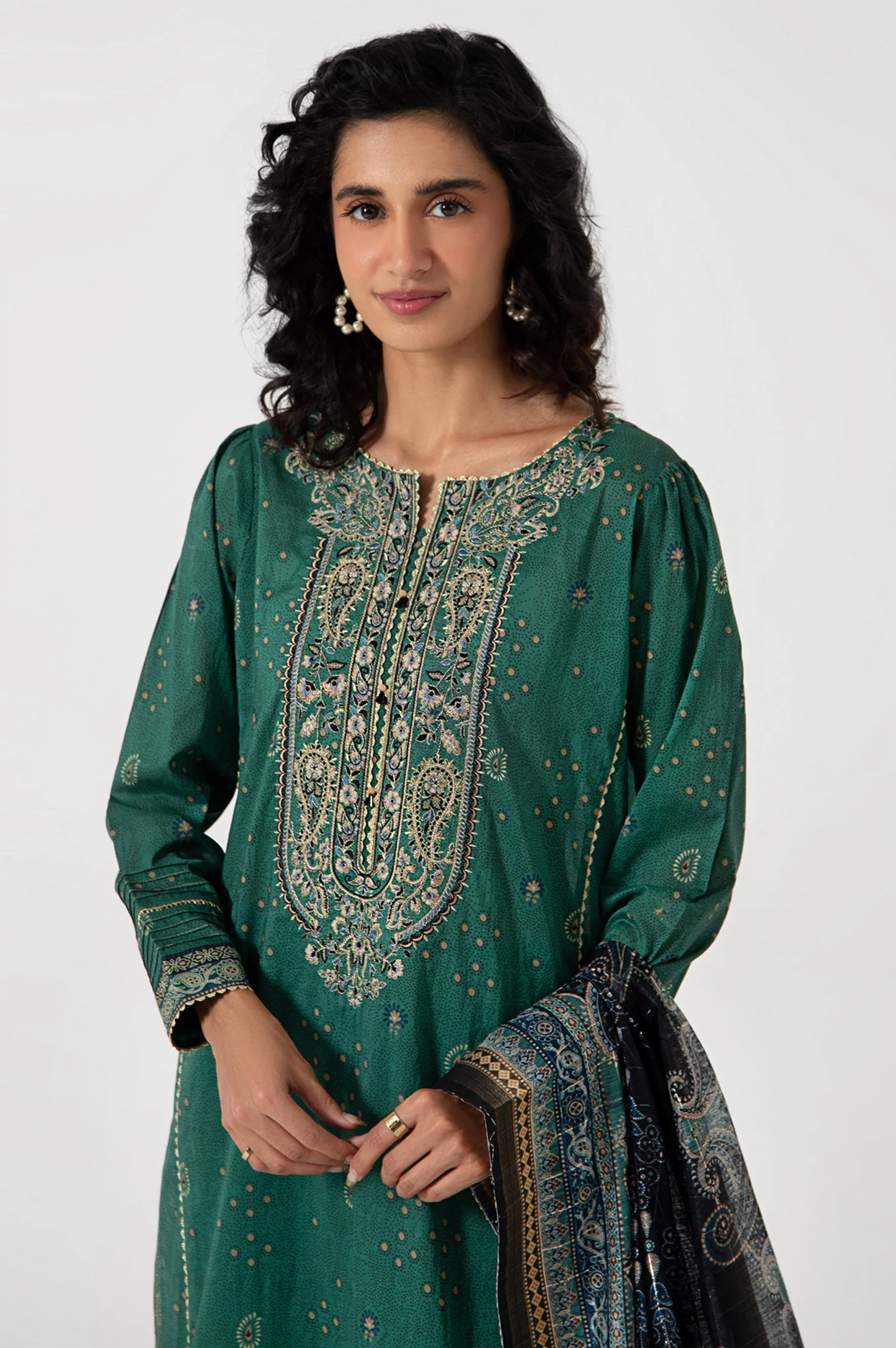 Stitched 3 Piece Embroidered Lawn with Checkered Lurex Suit - Image 3
