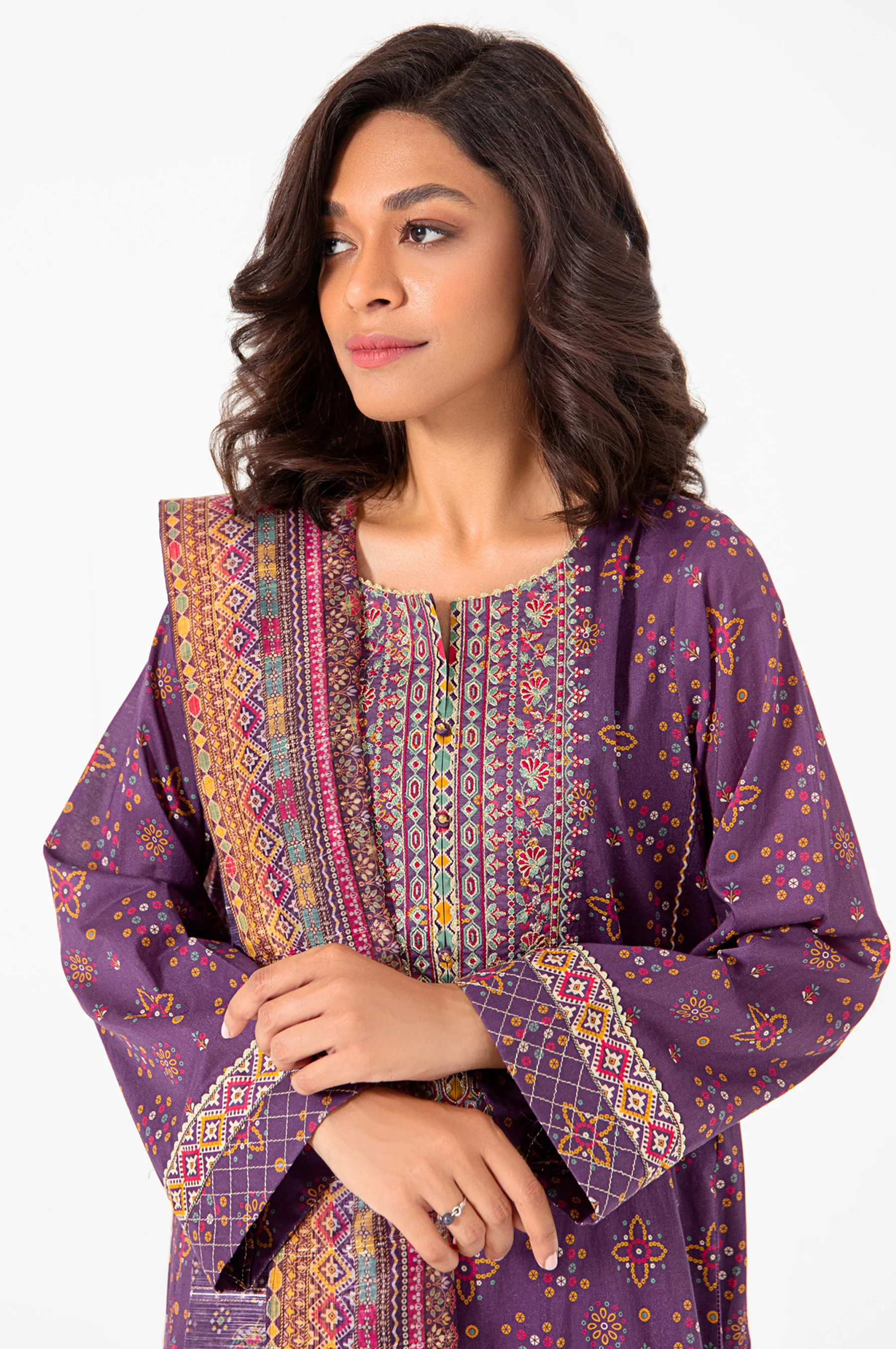 Stitched 3 Piece Embroidered Lawn with Sequins Zari Stripes Suit - Image 3