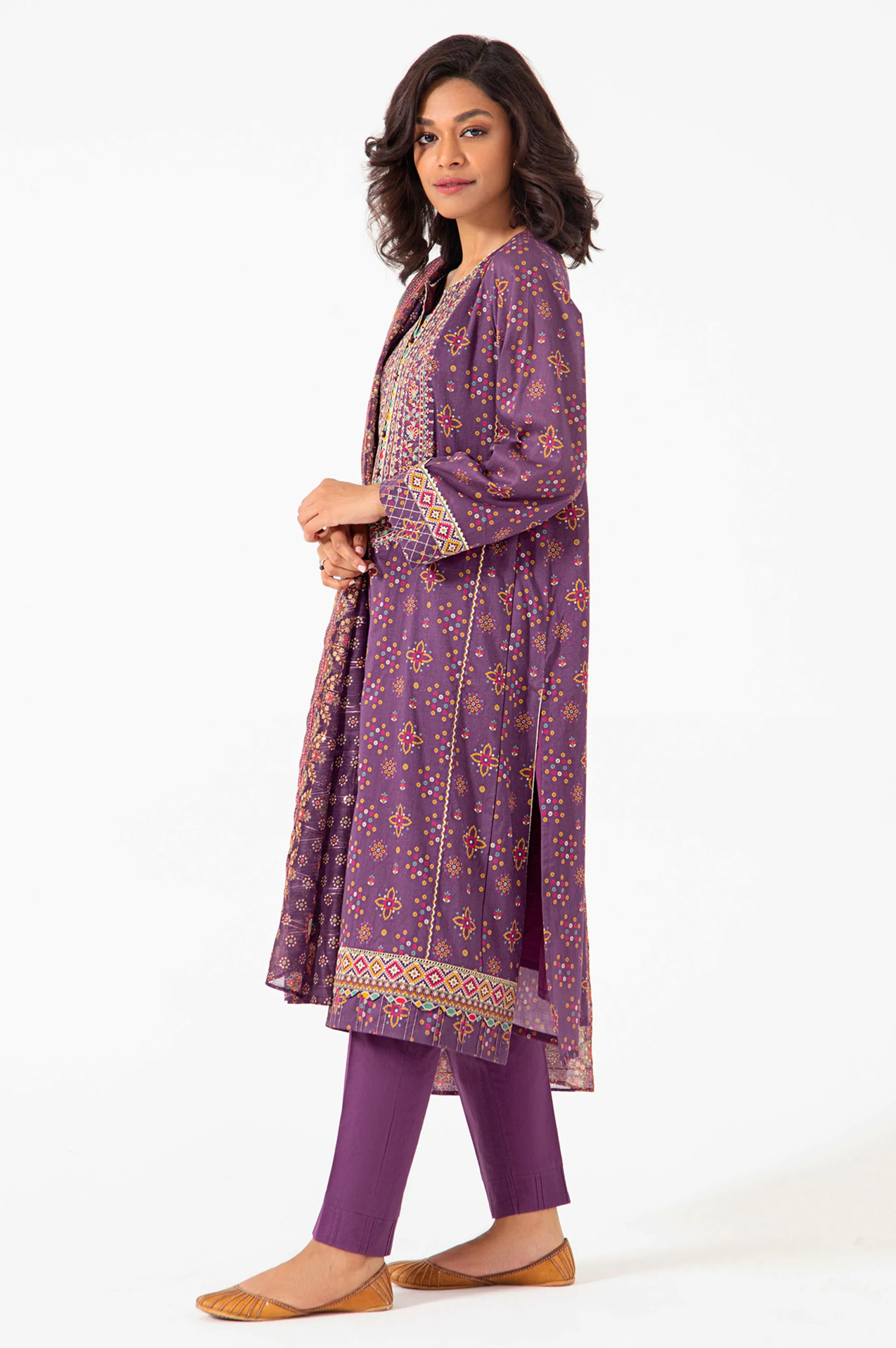 Stitched 3 Piece Embroidered Lawn with Sequins Zari Stripes Suit - Image 4