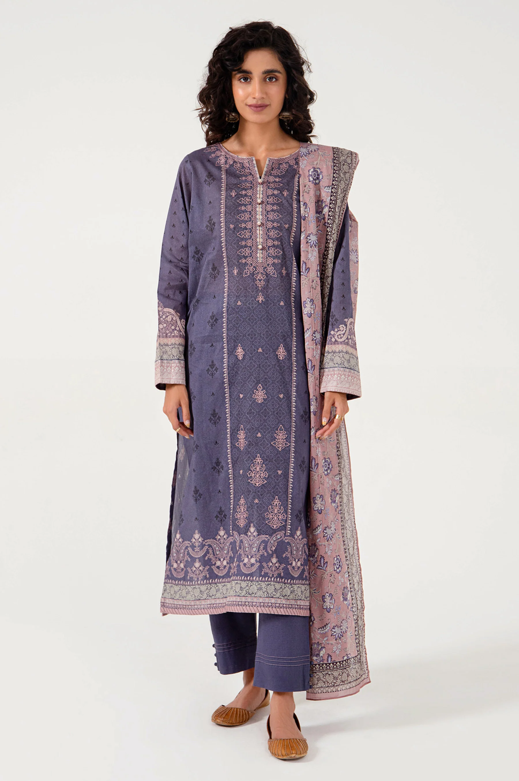 Stitched 3 Piece Embroidered Lawn with Cotton Net Suit - Image 2