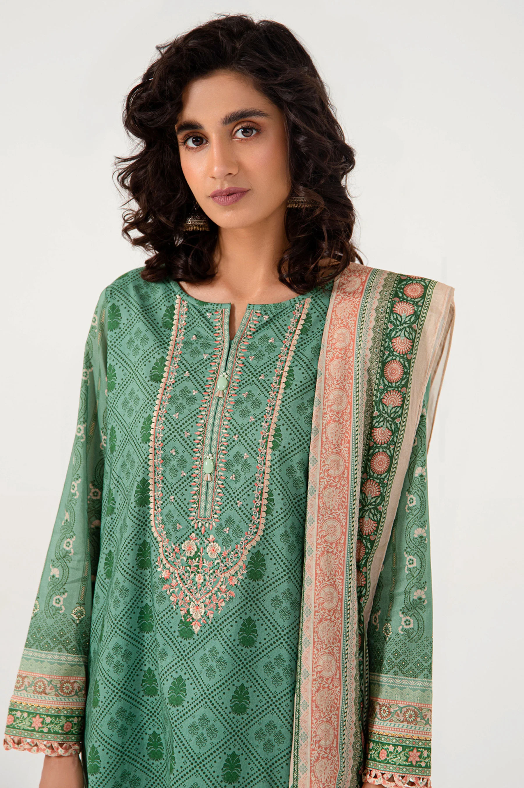 Stitched 3 Piece Embroidered Lawn with Cotton Net Suit - Image 4