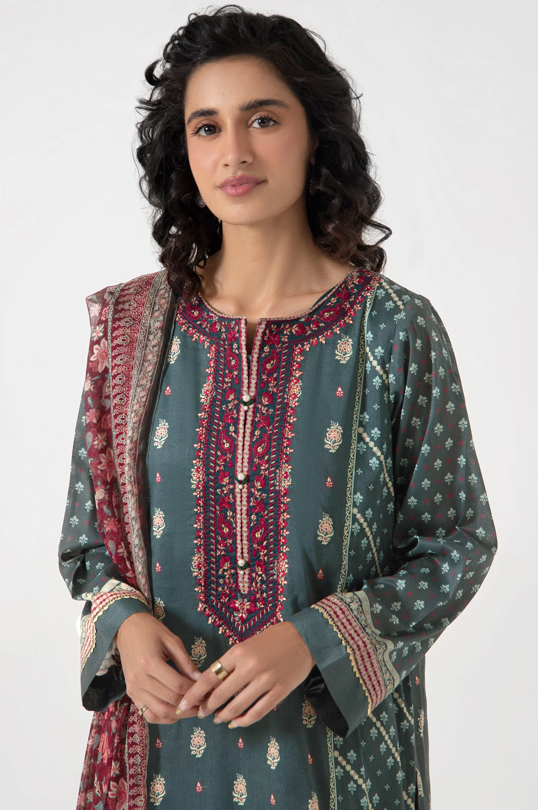 Stitched 3 Piece Embroidered Lawn with Chiffon Suit - Image 3