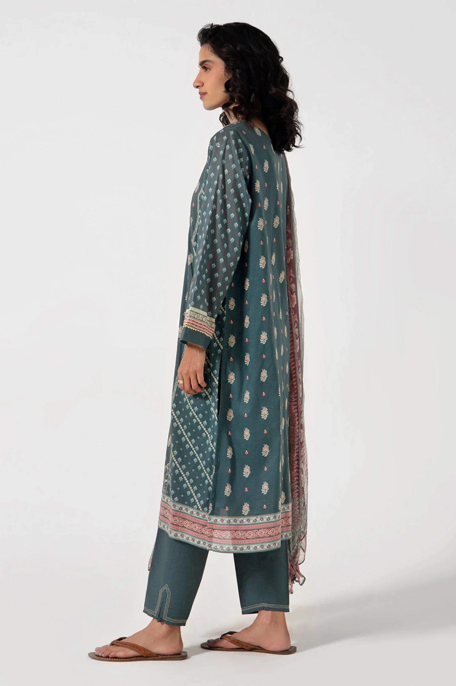 Stitched 3 Piece Embroidered Lawn with Chiffon Suit - Image 4