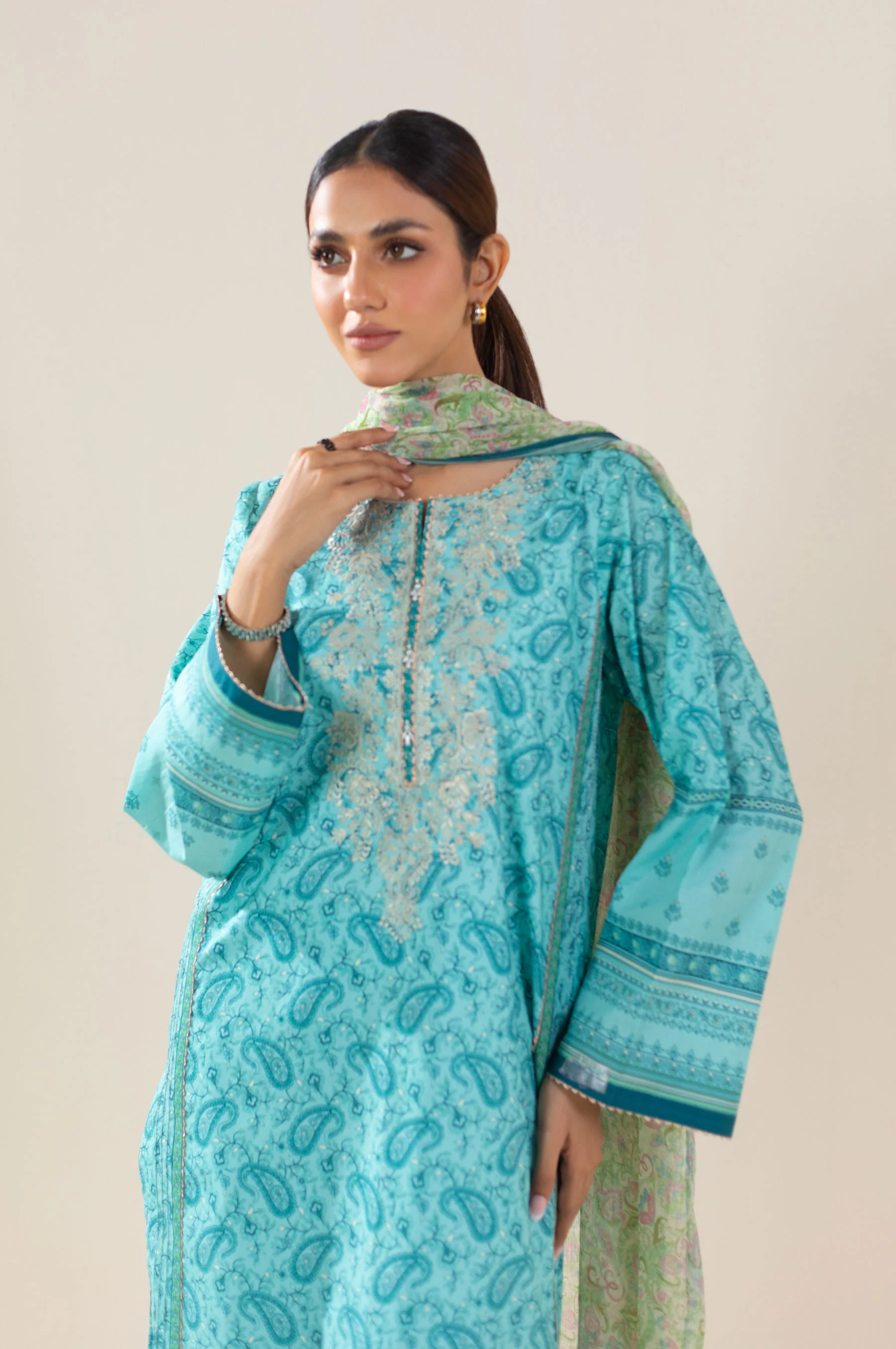 Stitched 3 Piece Embroidered Lawn Suit - Image 2