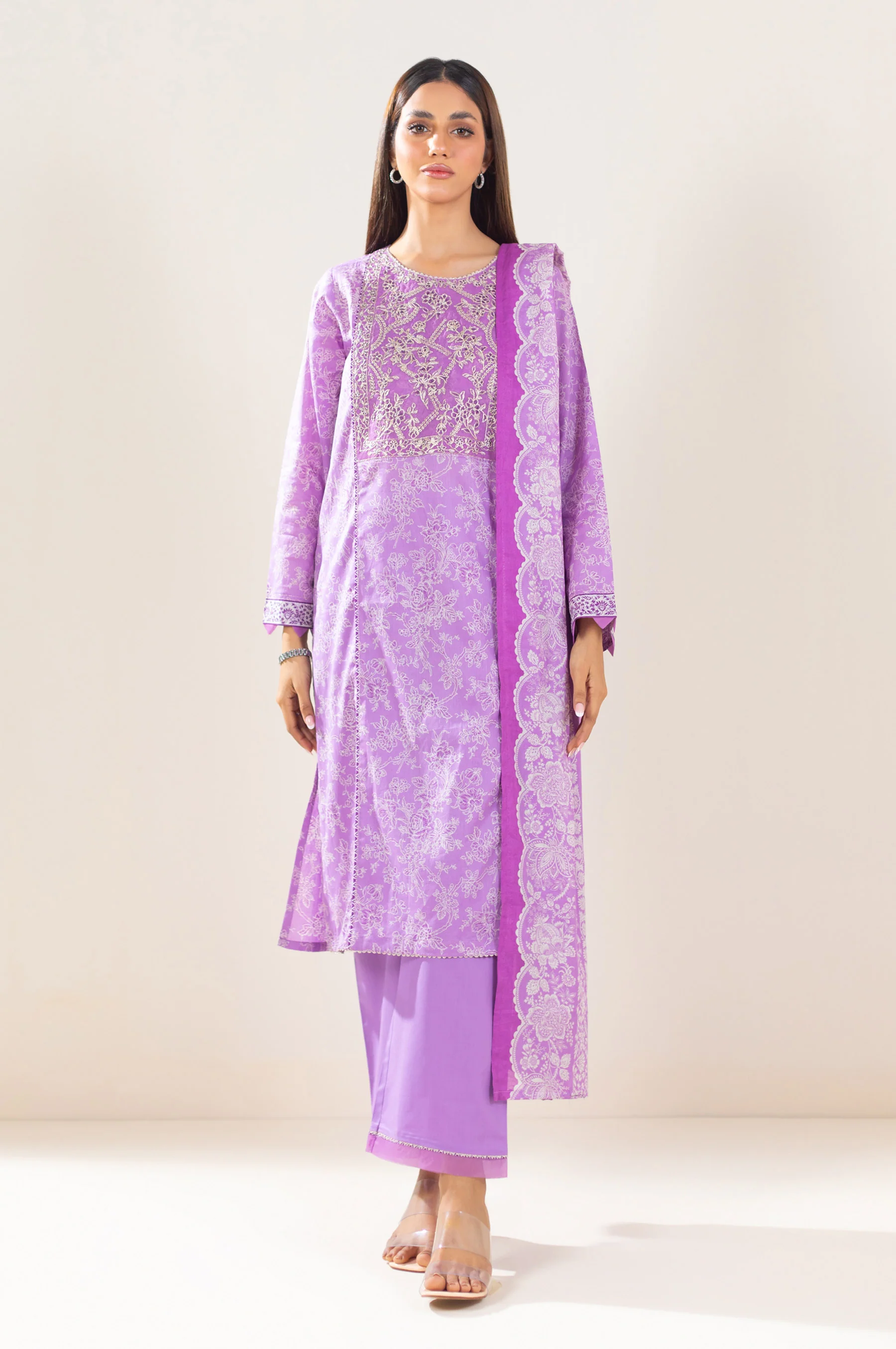 Stitched 3 Piece Embroidered Lawn Suit - Image 5