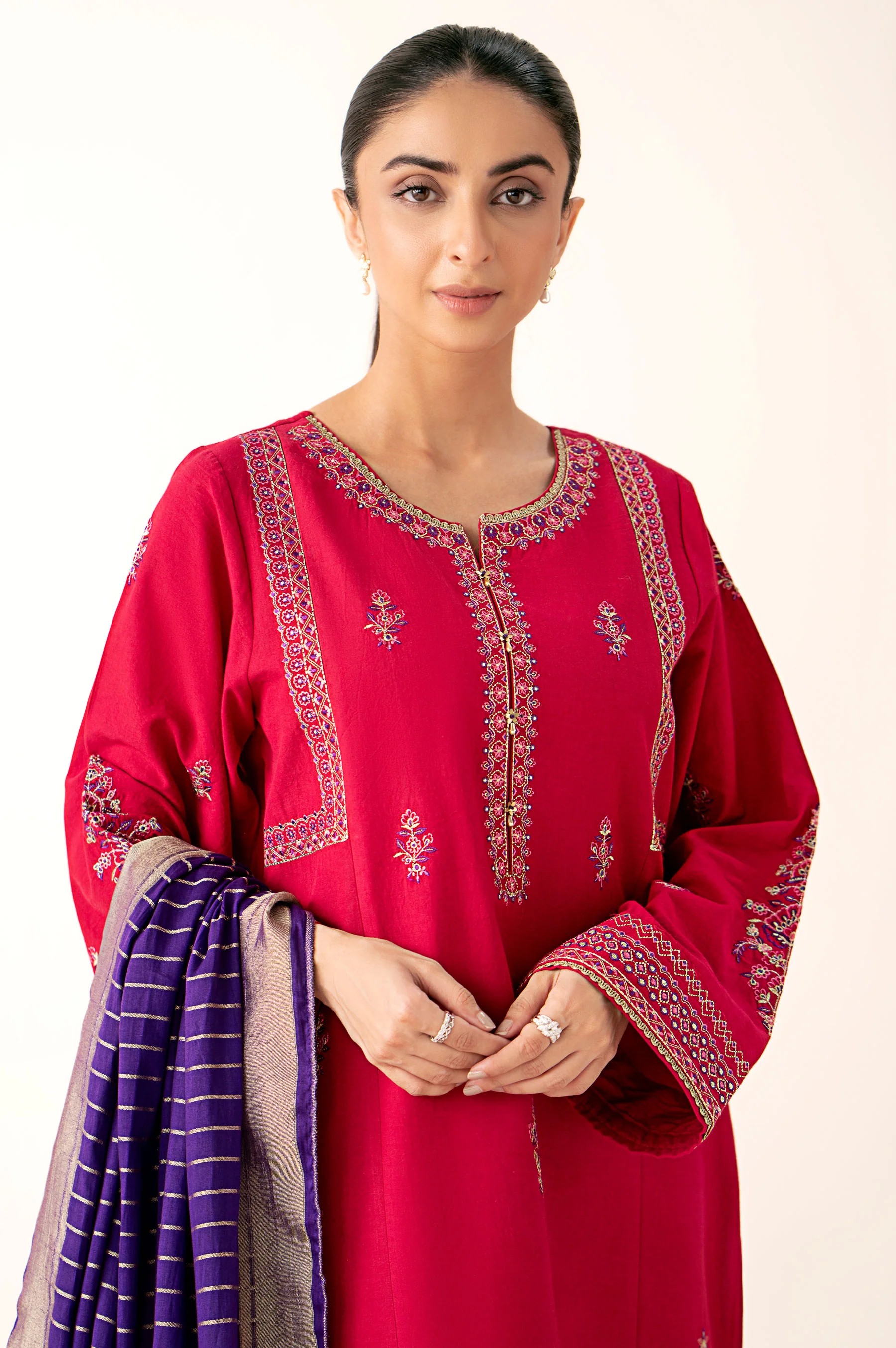 Stitched 3 Piece Embroidered Lawn Suit with Dobby Mysuri Lawn Dyed Dupatta - Image 2