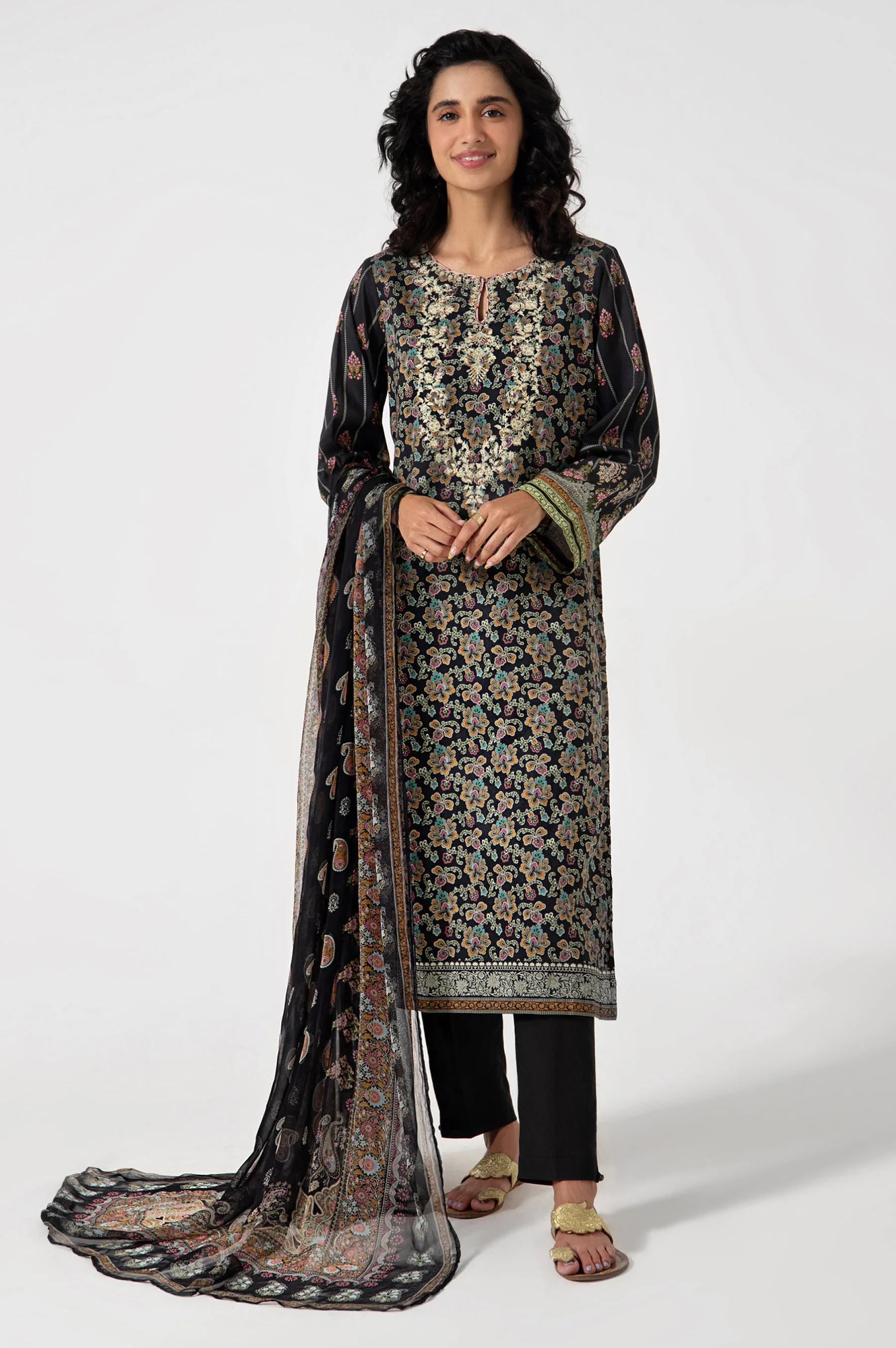 Stitched 3 Piece Embroidered Lawn with Chiffon Suit - Image 5