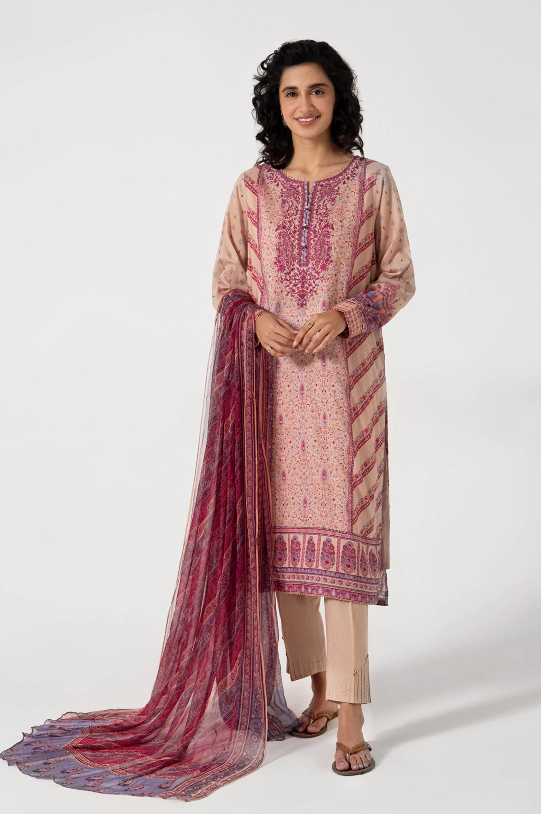 Stitched 3 Piece Embroidered Lawn with Chiffon Suit - Image 2