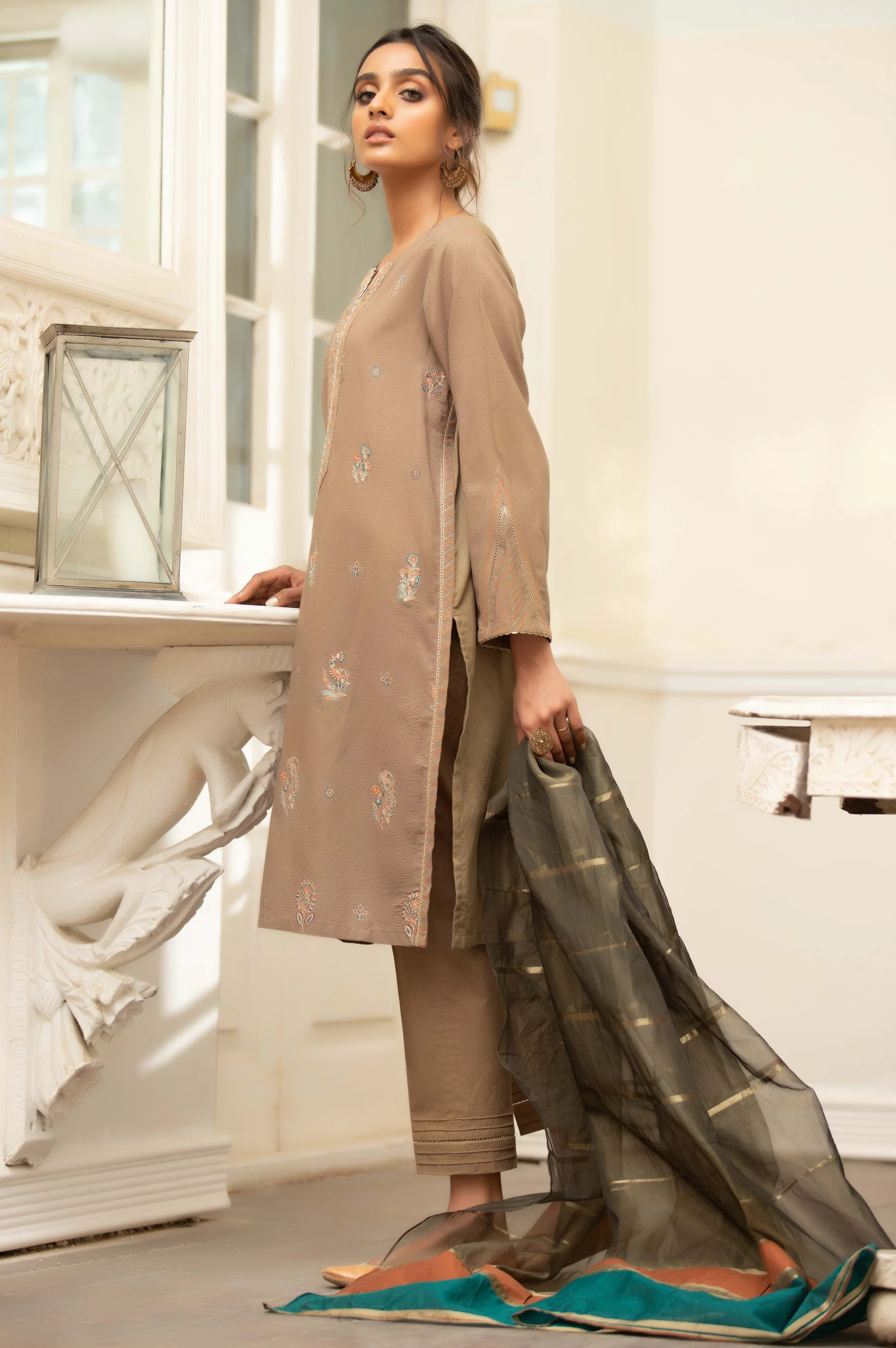 Stitched 3 Piece Embroidered Maysuri Suit with Organza Dupatta - Image 3