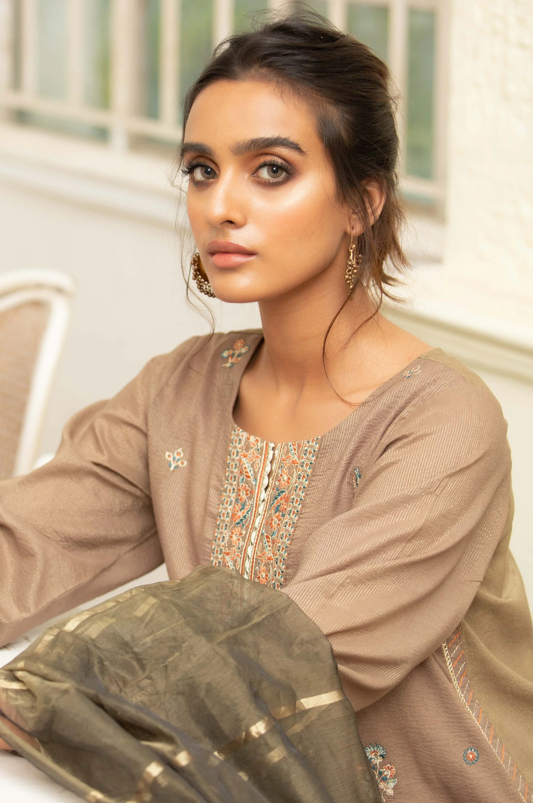 Stitched 3 Piece Embroidered Maysuri Suit with Organza Dupatta - Image 5