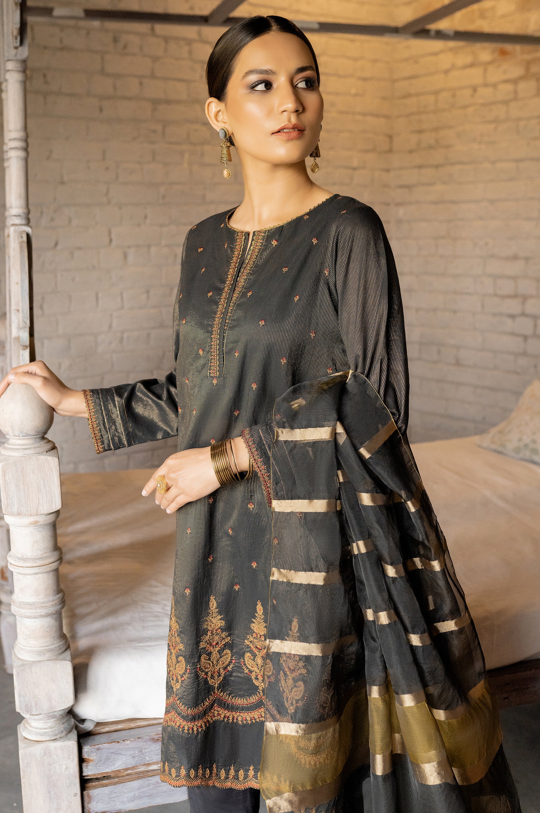 Stitched 3 Piece Embroidered Maysuri Suit with Shaded Organza Dupatta - Image 2