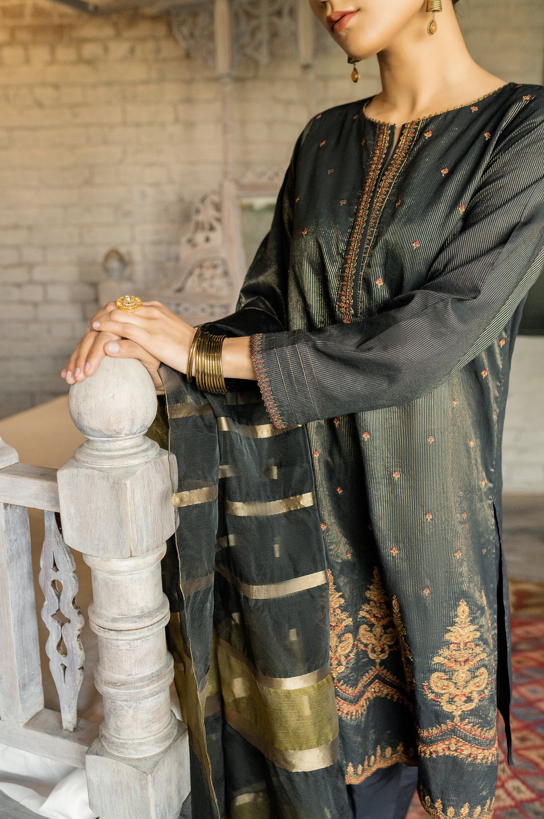 Stitched 3 Piece Embroidered Maysuri Suit with Shaded Organza Dupatta - Image 3