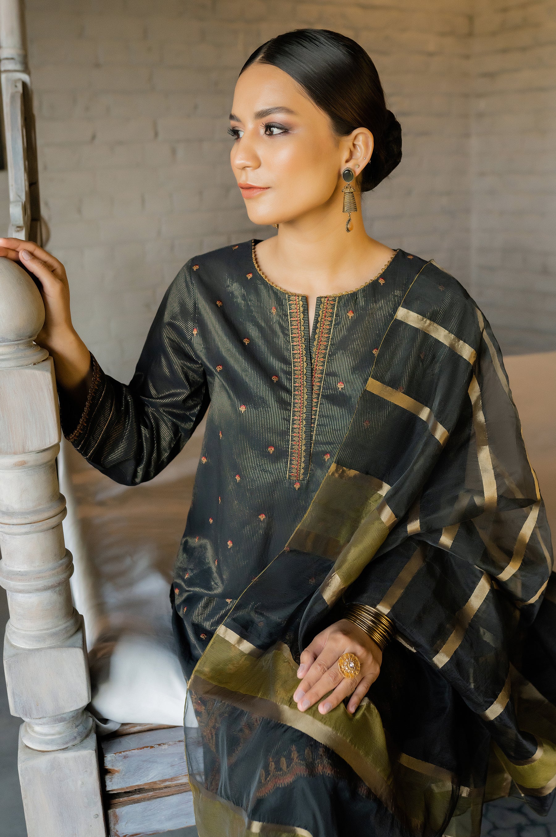 Stitched 3 Piece Embroidered Maysuri Suit with Shaded Organza Dupatta - Image 4