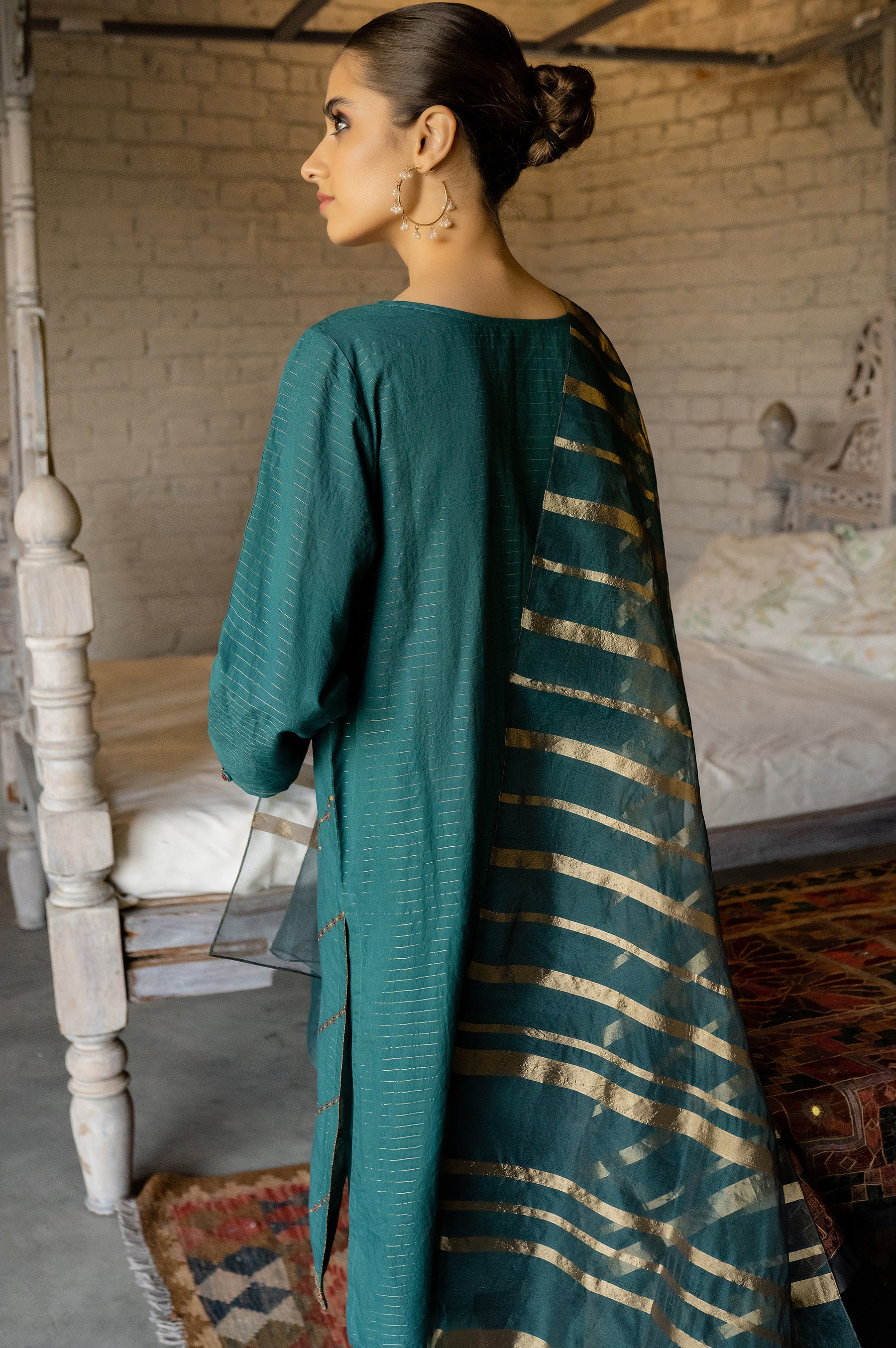 Stitched 3 Piece Embroidered Maysuri Suit with Organza Dupatta - Image 2