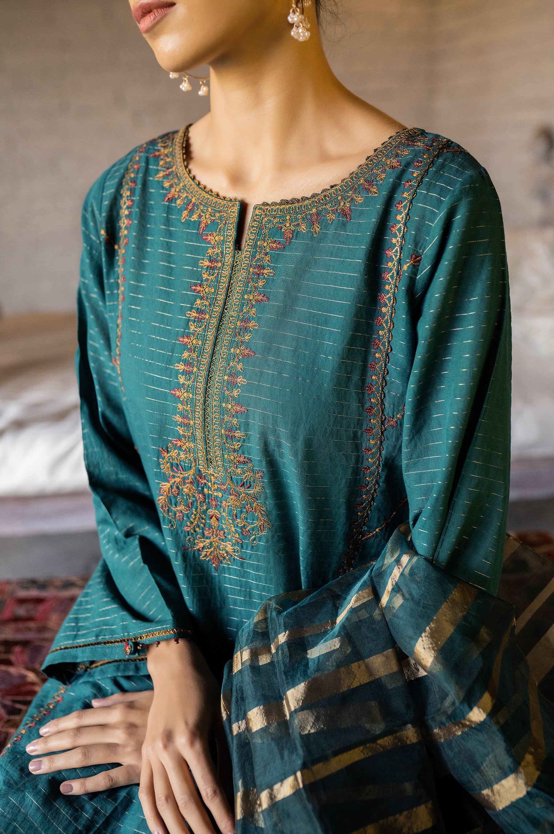 Stitched 3 Piece Embroidered Maysuri Suit with Organza Dupatta - Image 3