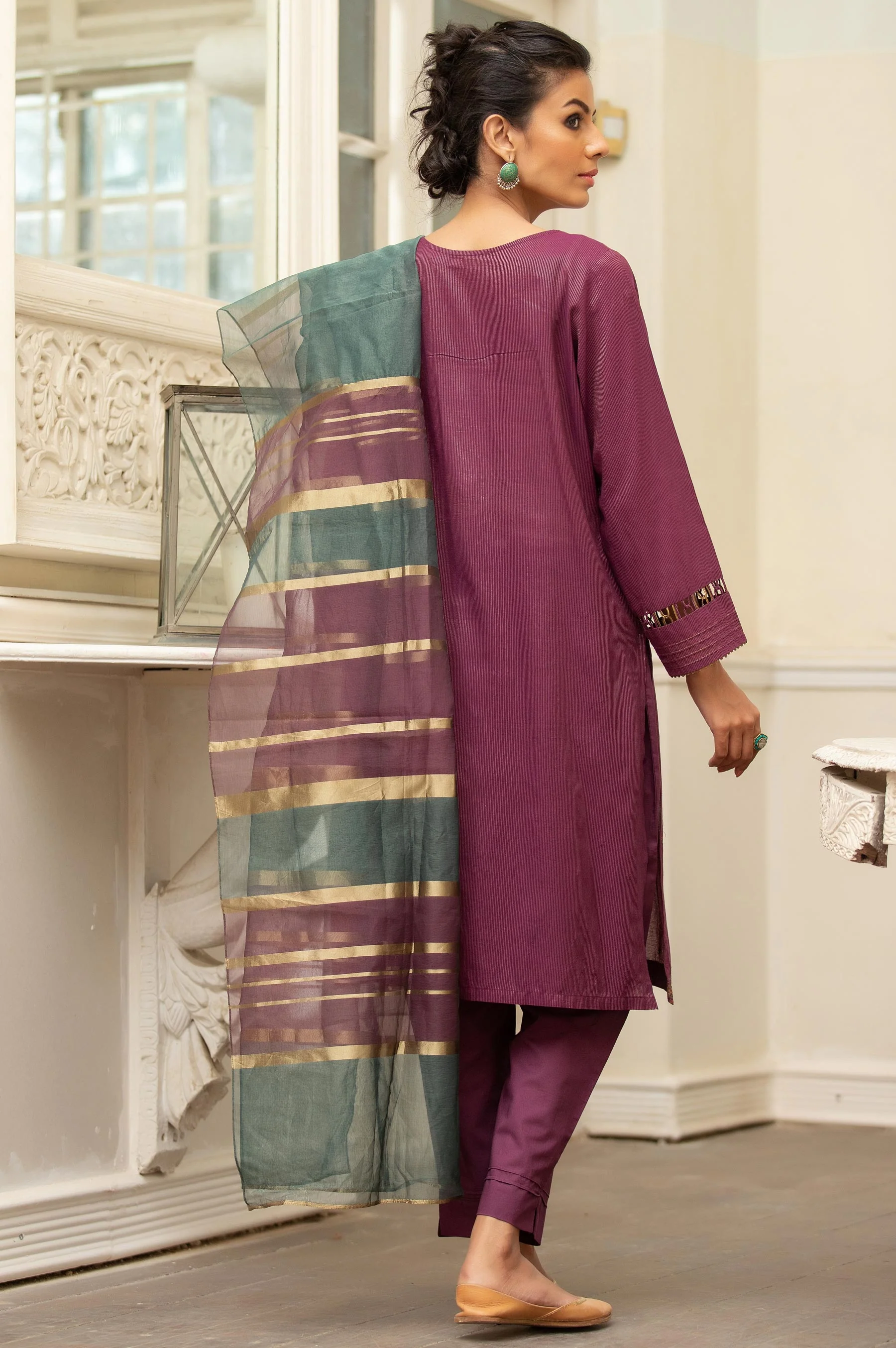 Stitched 3 Piece Embroidered Maysuri Suit With Organza Dupatta - Image 2
