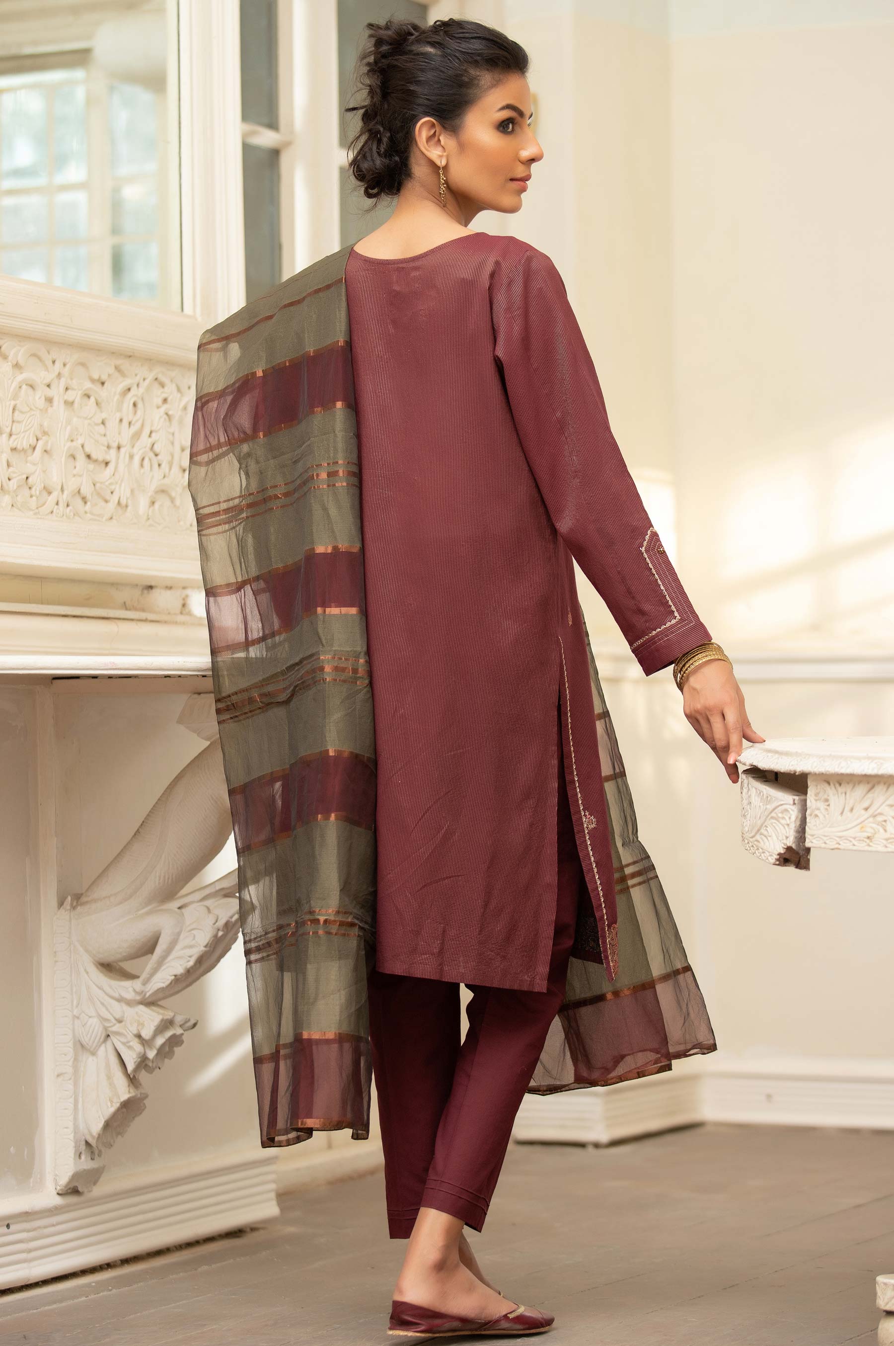 Stitched 3 Piece Embroidered Maysuri Suit With Organza Dupatta - Image 2