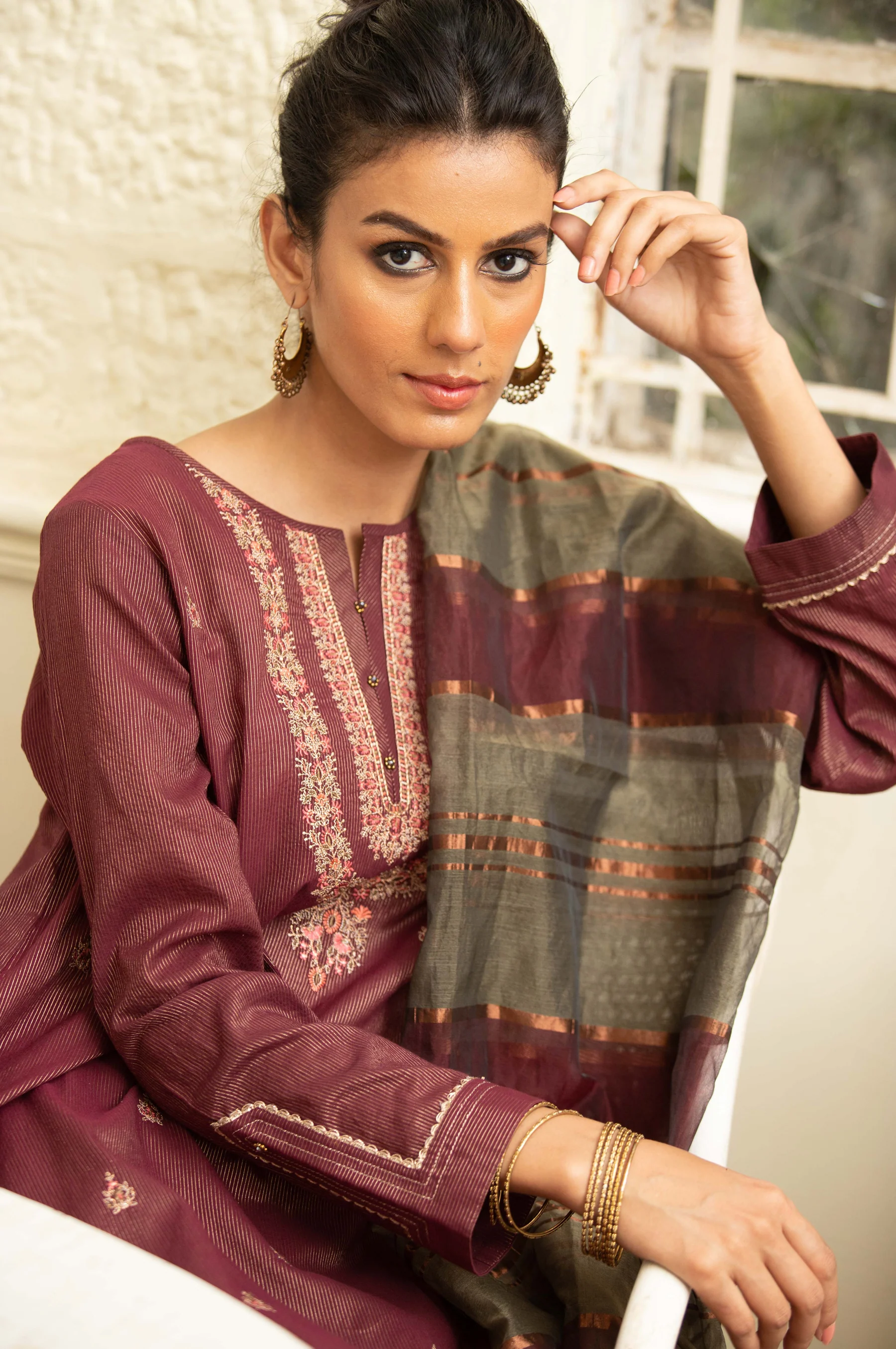 Stitched 3 Piece Embroidered Maysuri Suit With Organza Dupatta - Image 5