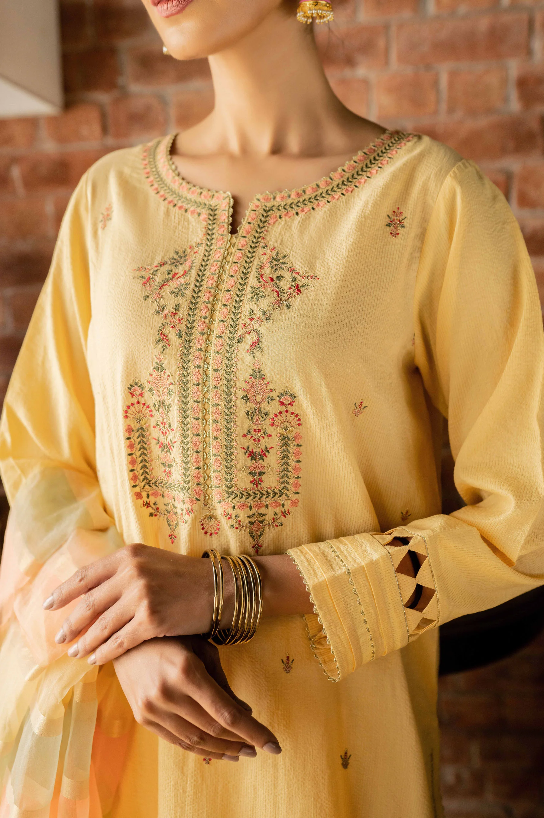 Stitched 3 Piece Embroidered Maysuri Suit with Shaded Organza Dupatta - Image 2