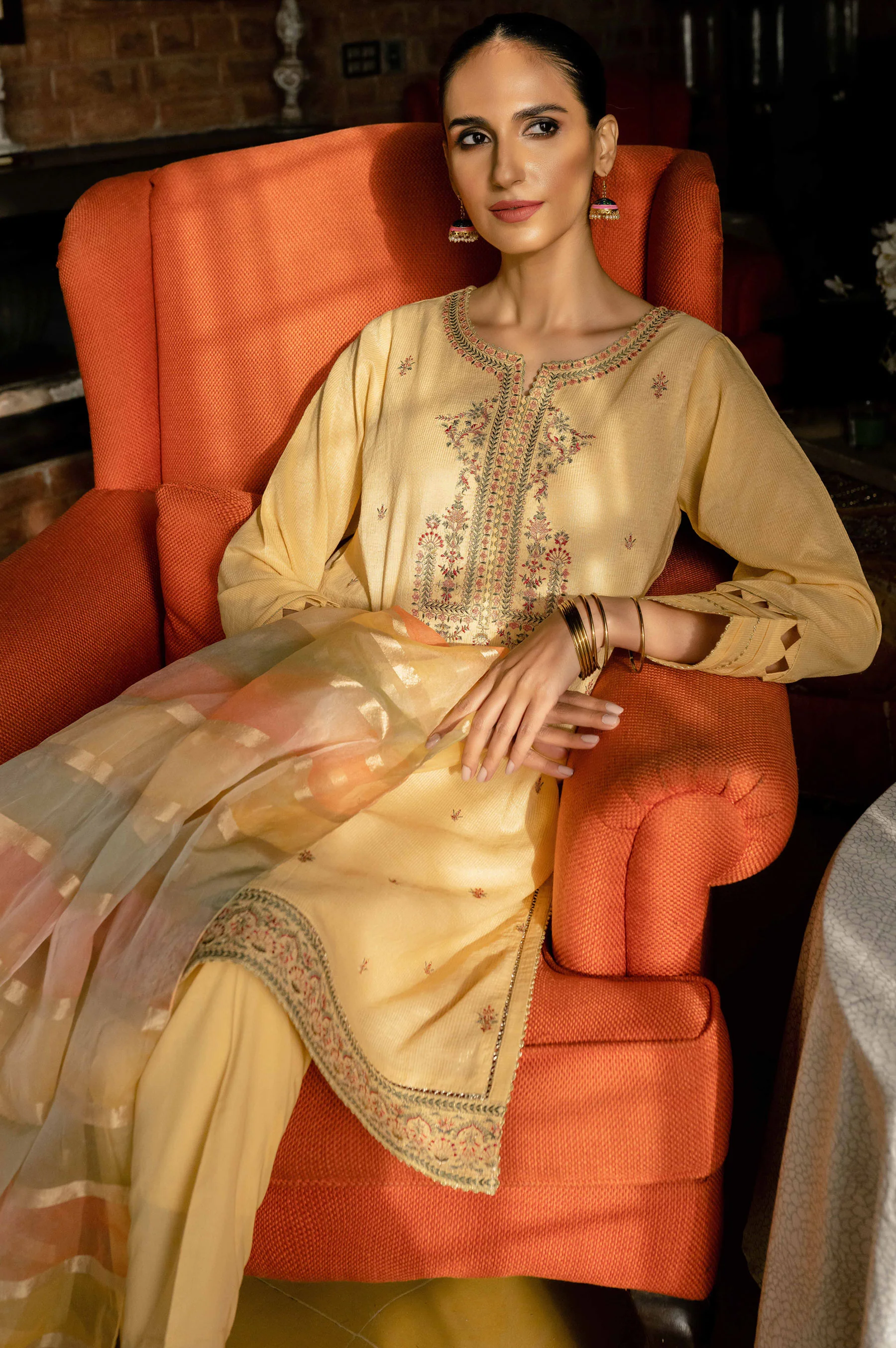 Stitched 3 Piece Embroidered Maysuri Suit with Shaded Organza Dupatta - Image 3