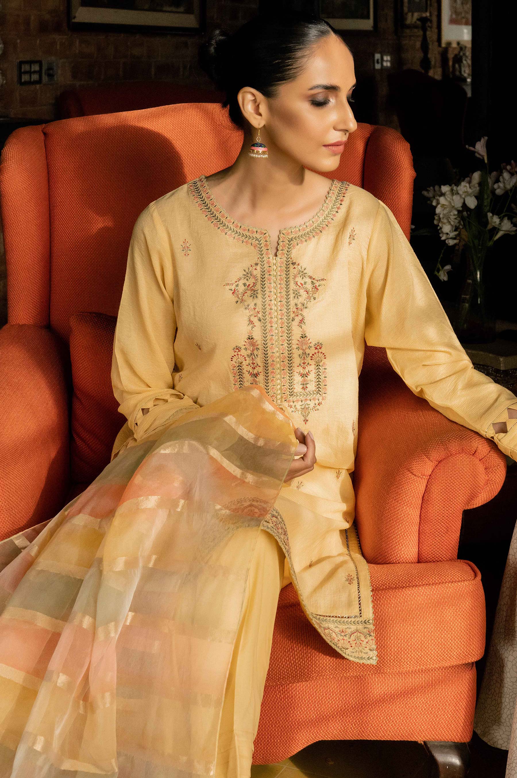 Stitched 3 Piece Embroidered Maysuri Suit with Shaded Organza Dupatta - Image 4
