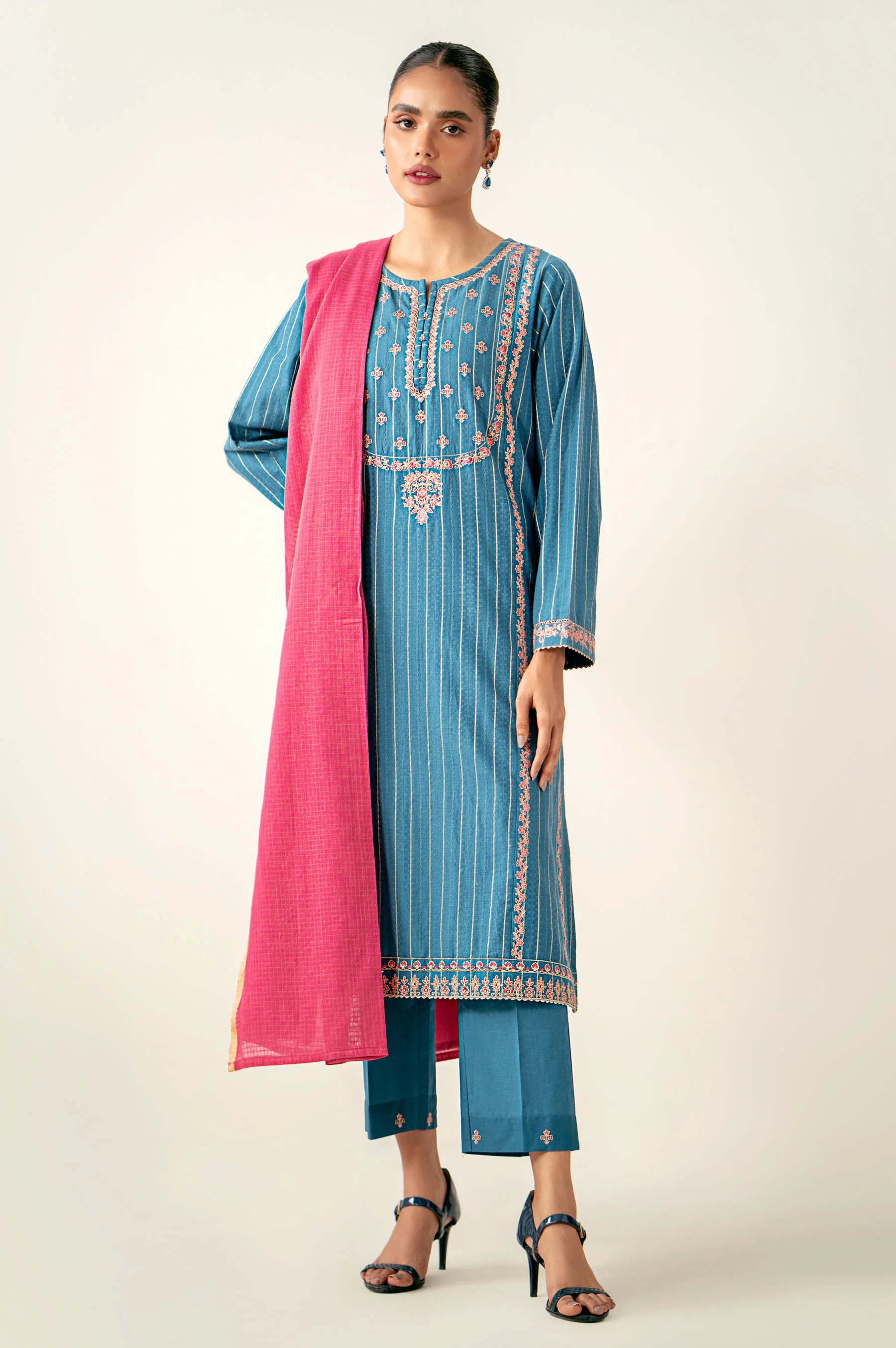 Stitched 3 Piece Embroidered Mysuri Jacquard Suit - Image 2
