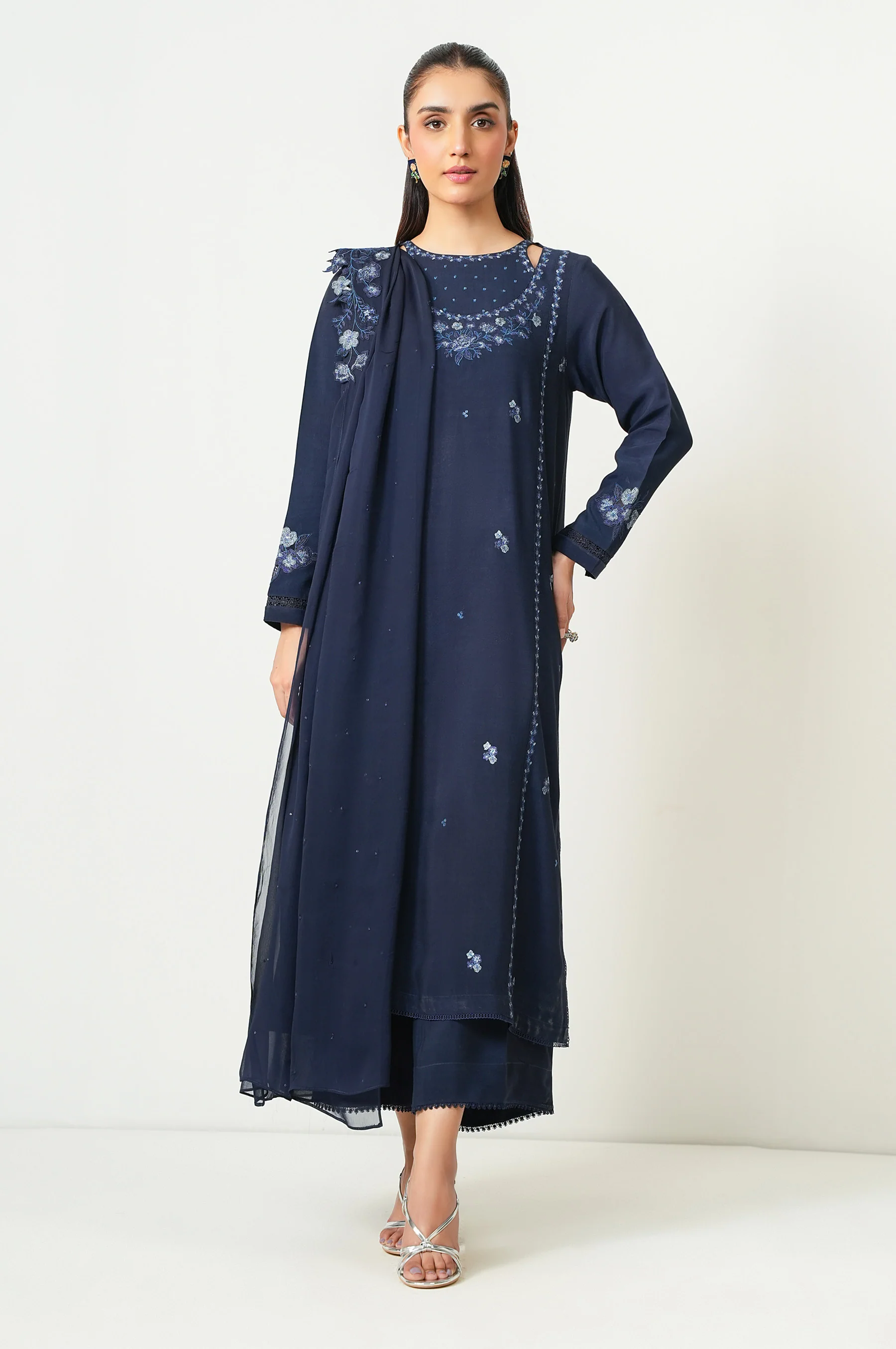 Stitched 3 Piece Embroidered Oak Silk Suit - Image 3