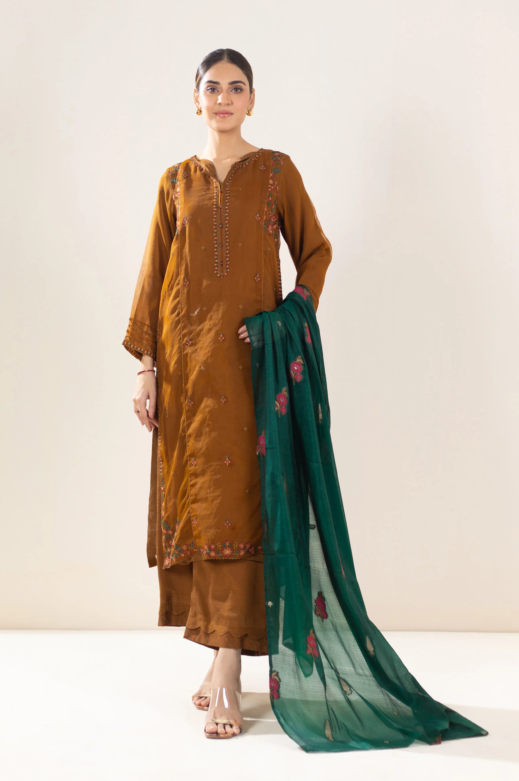 Stitched 3 Piece Embroidered Organza Outfit - Image 5