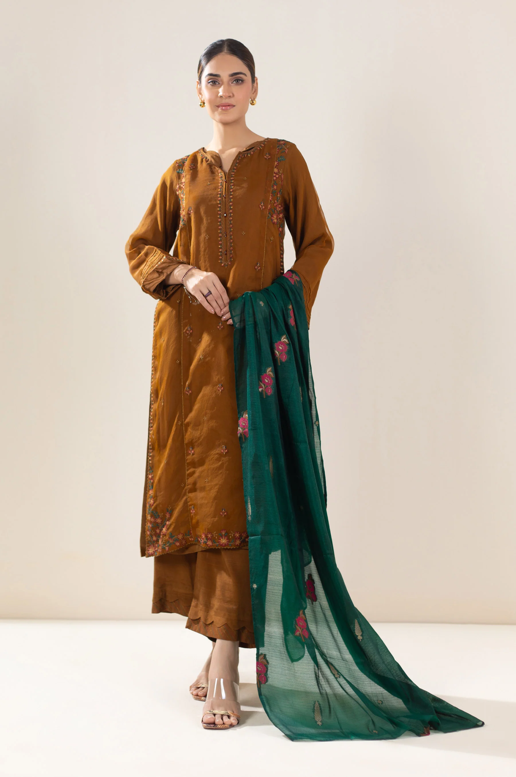 Stitched 3 Piece Embroidered Organza Outfit - Image 6