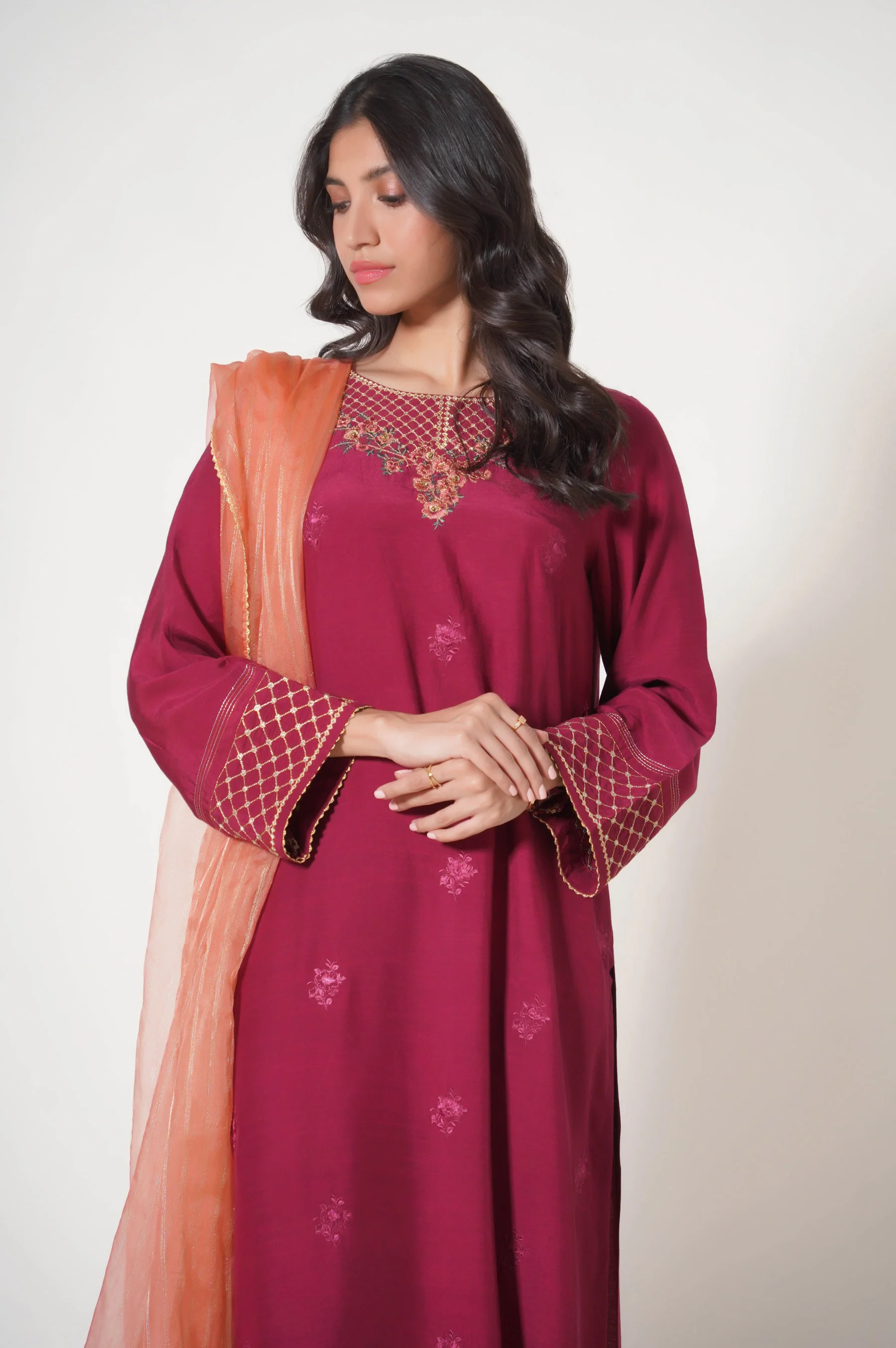 Stitched 3 Piece Embroidered Raw Silk Outfit - Image 3