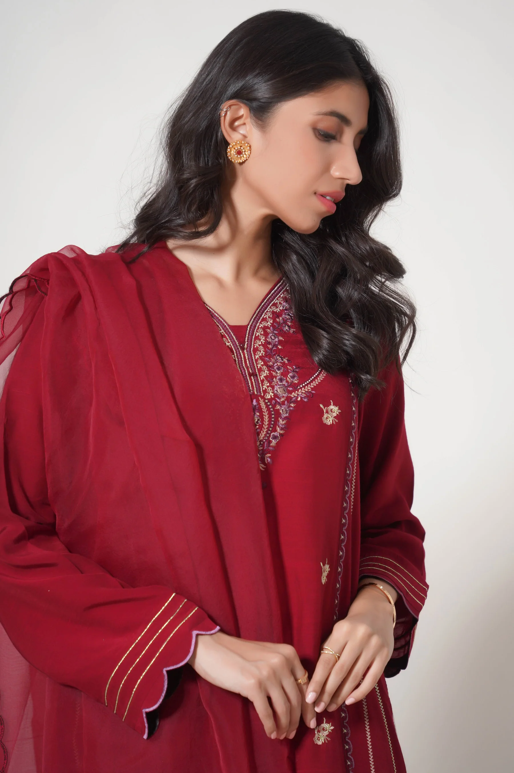 Stitched 3 Piece Embroidered Raw Silk Outfit - Image 4