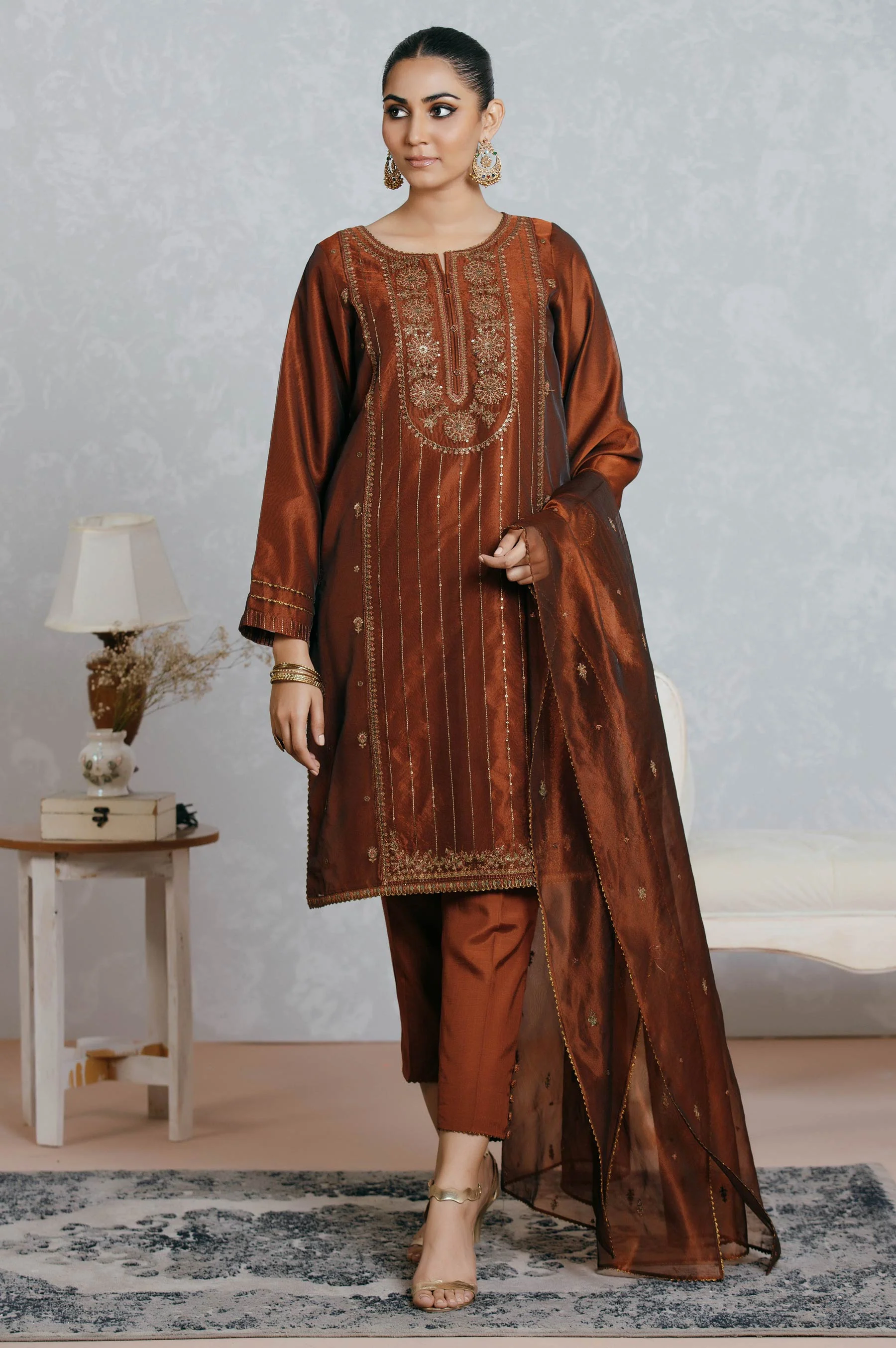 Stitched 3 Piece Organza Embroidered Suit - Image 2