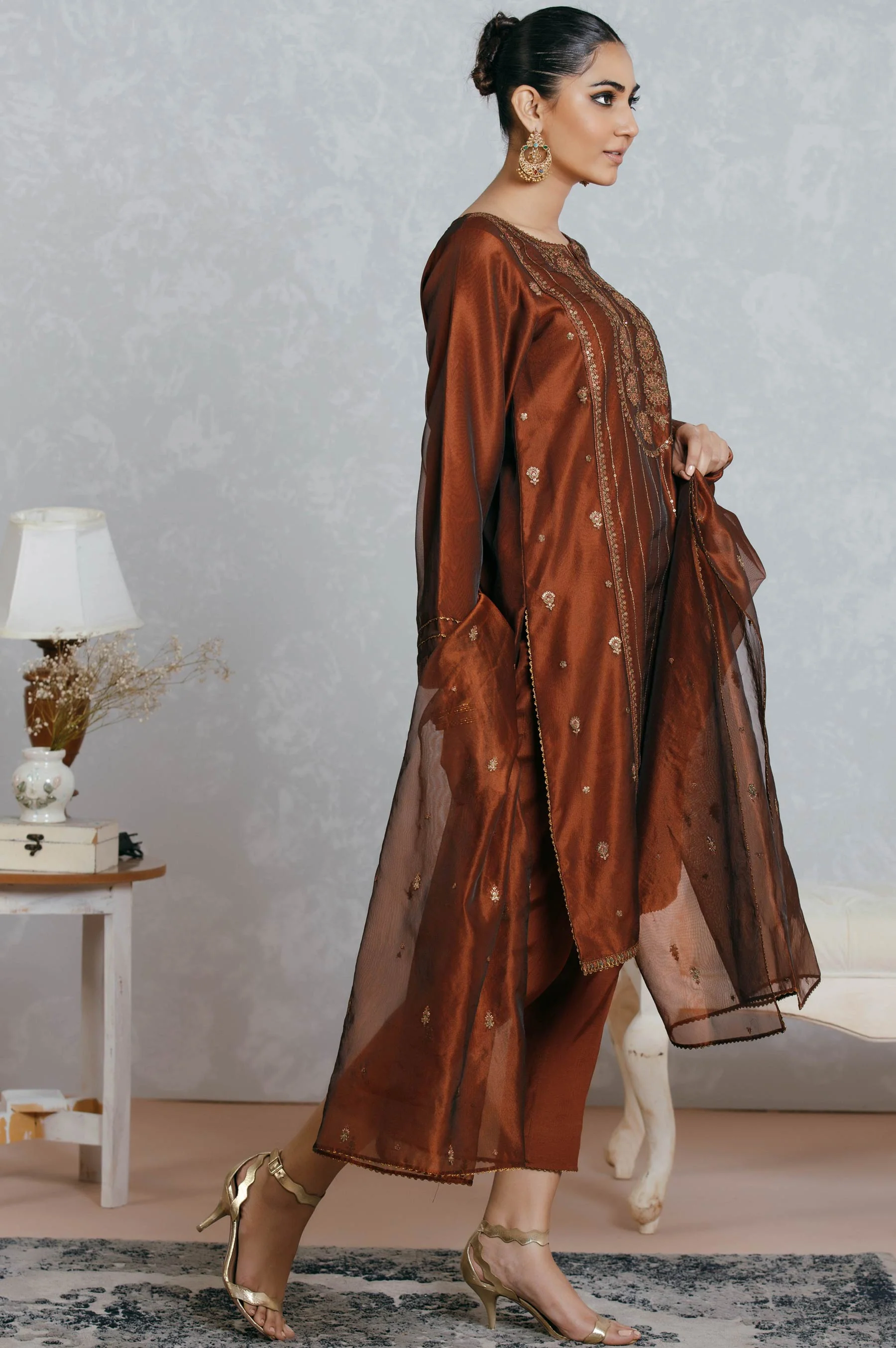 Stitched 3 Piece Organza Embroidered Suit - Image 3
