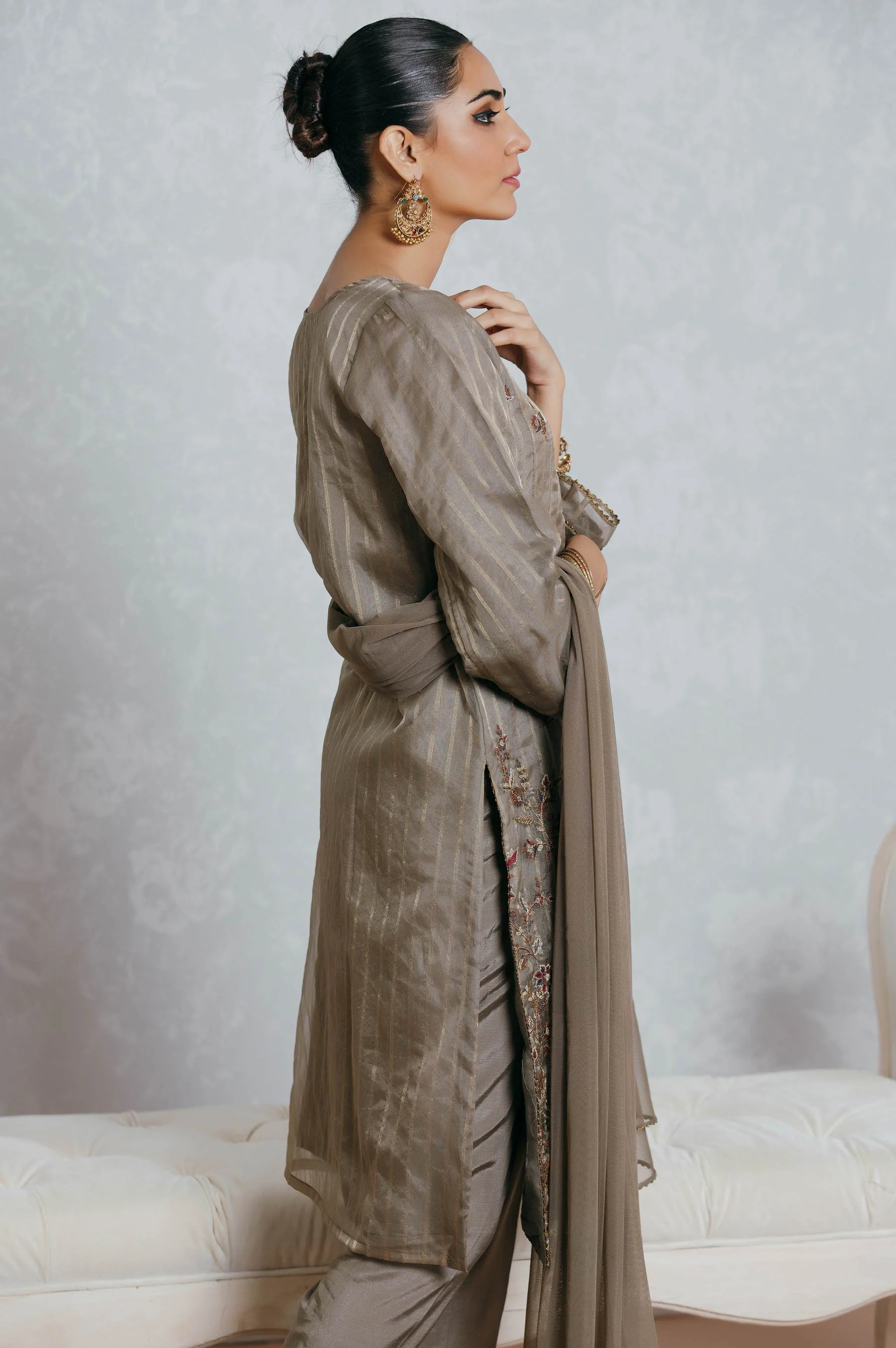 Stitched 3 Piece Striped Organza Embroidered Suit - Image 2