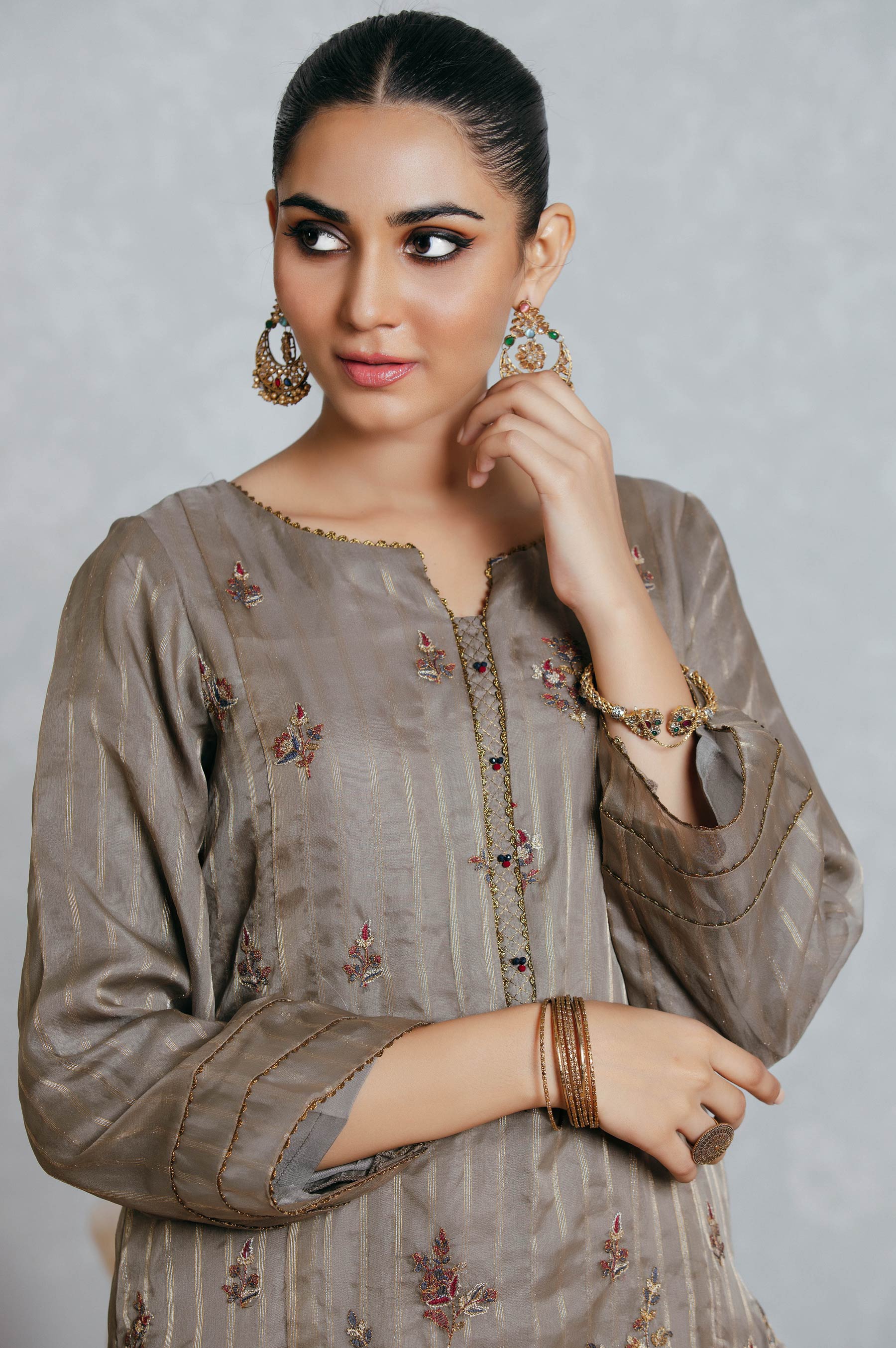 Stitched 3 Piece Striped Organza Embroidered Suit - Image 3