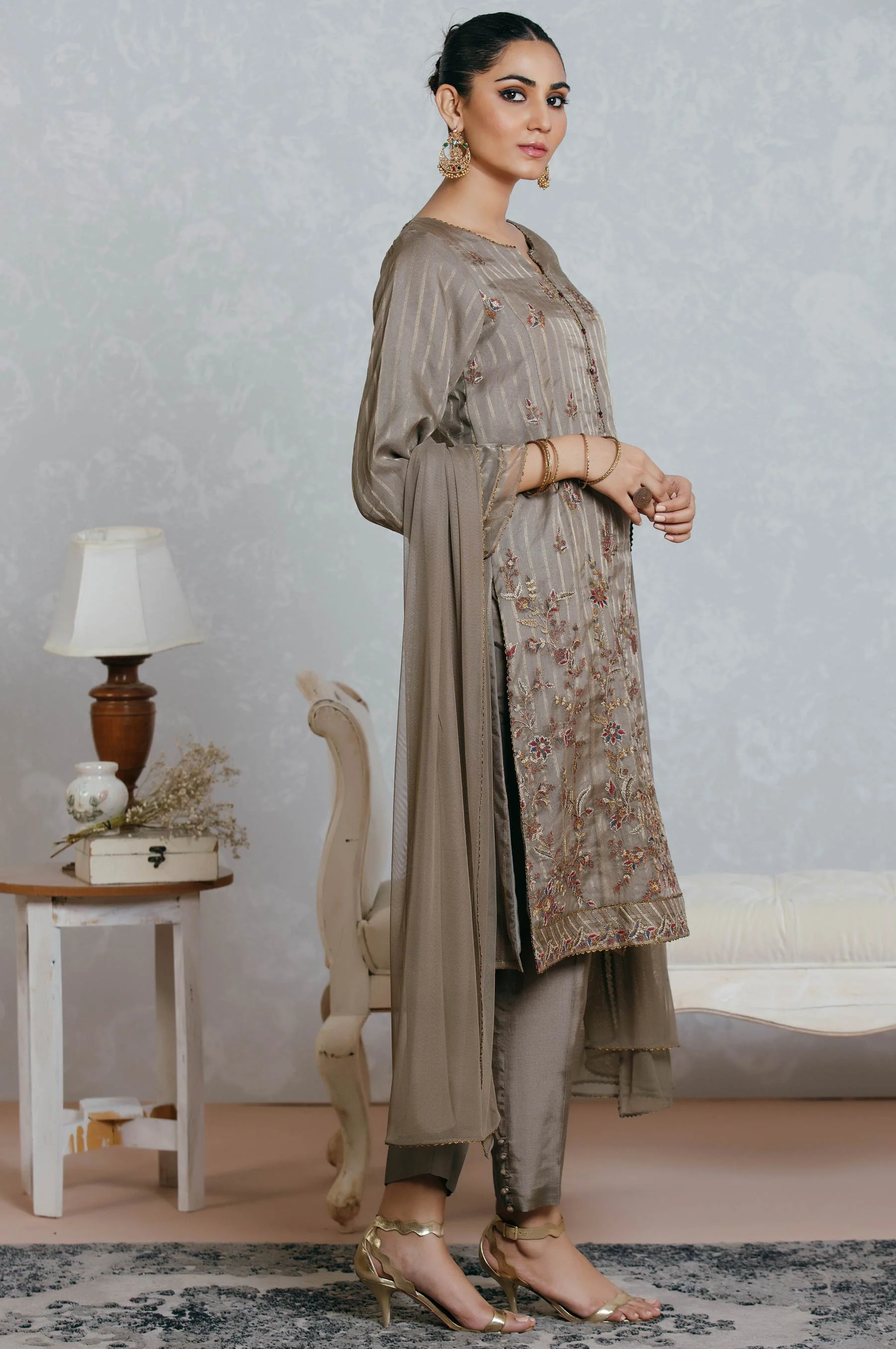 Stitched 3 Piece Striped Organza Embroidered Suit - Image 4