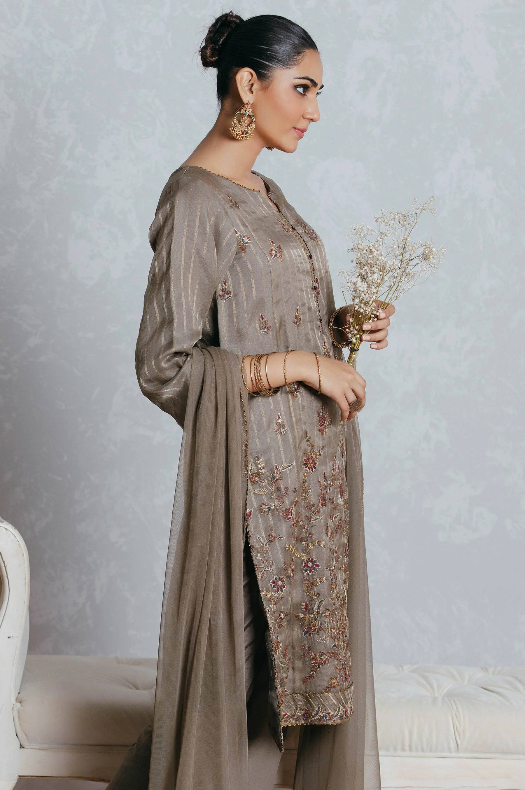 Stitched 3 Piece Striped Organza Embroidered Suit - Image 5