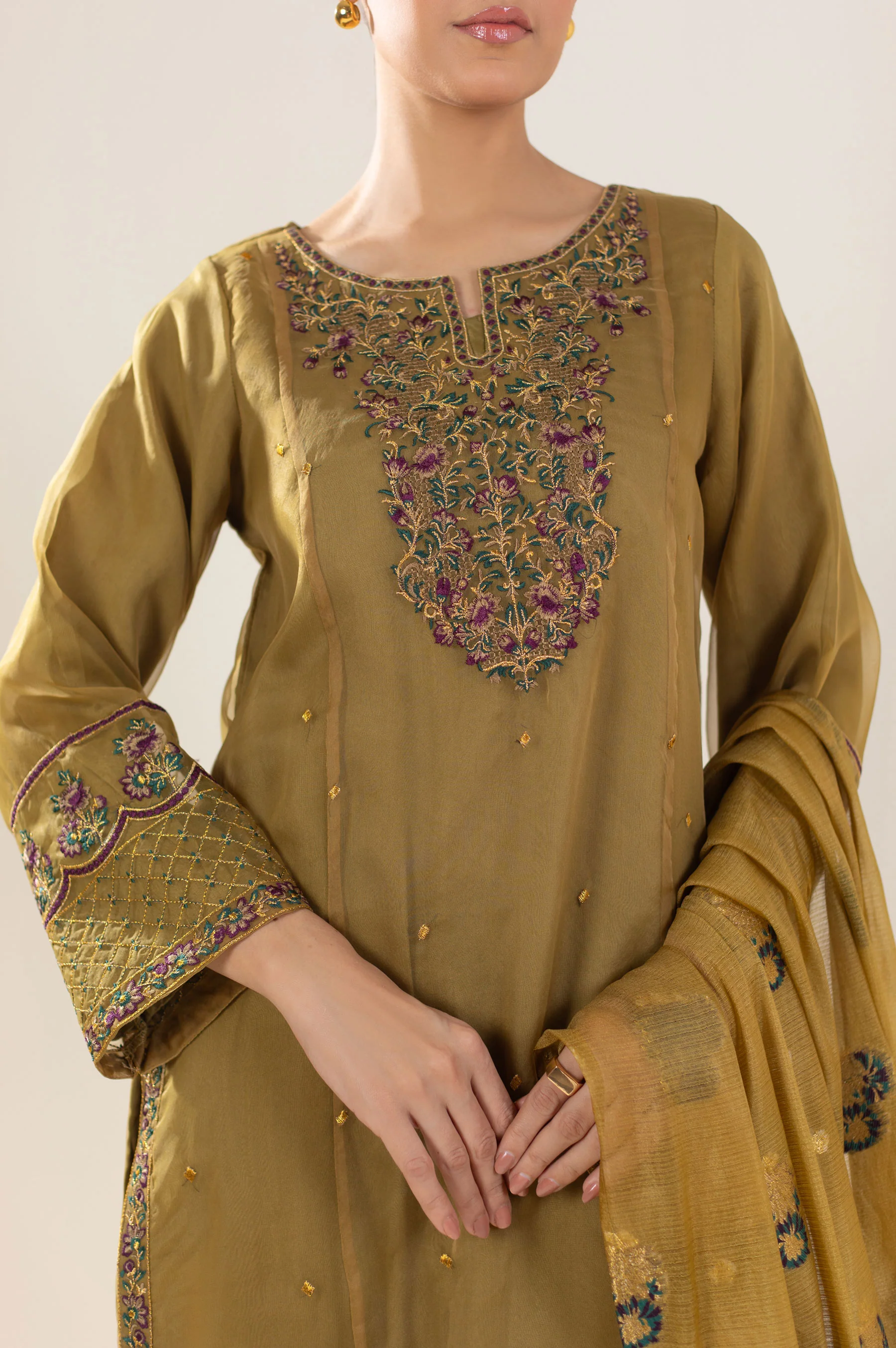 Stitched 3 Piece Embroidered Organza Suit - Image 6