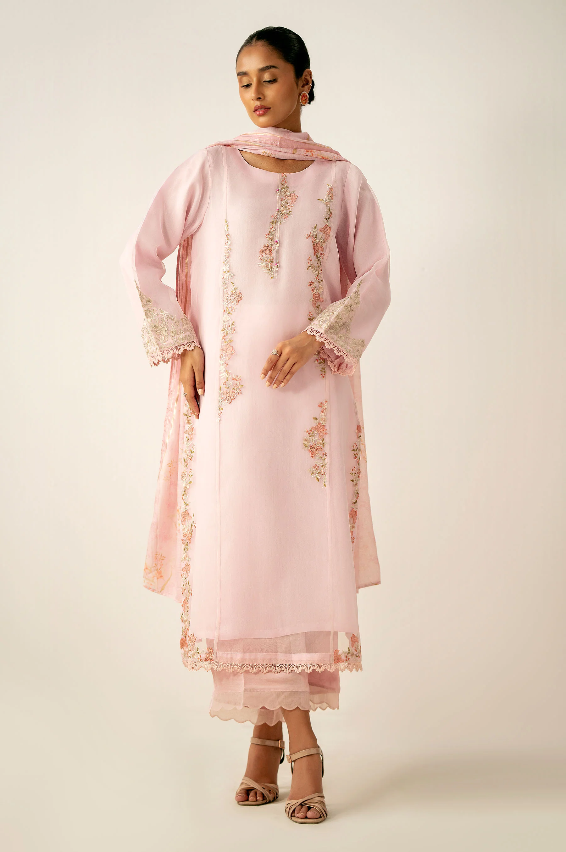 Stitched 3 Piece Embroidered Organza Suit - Image 3