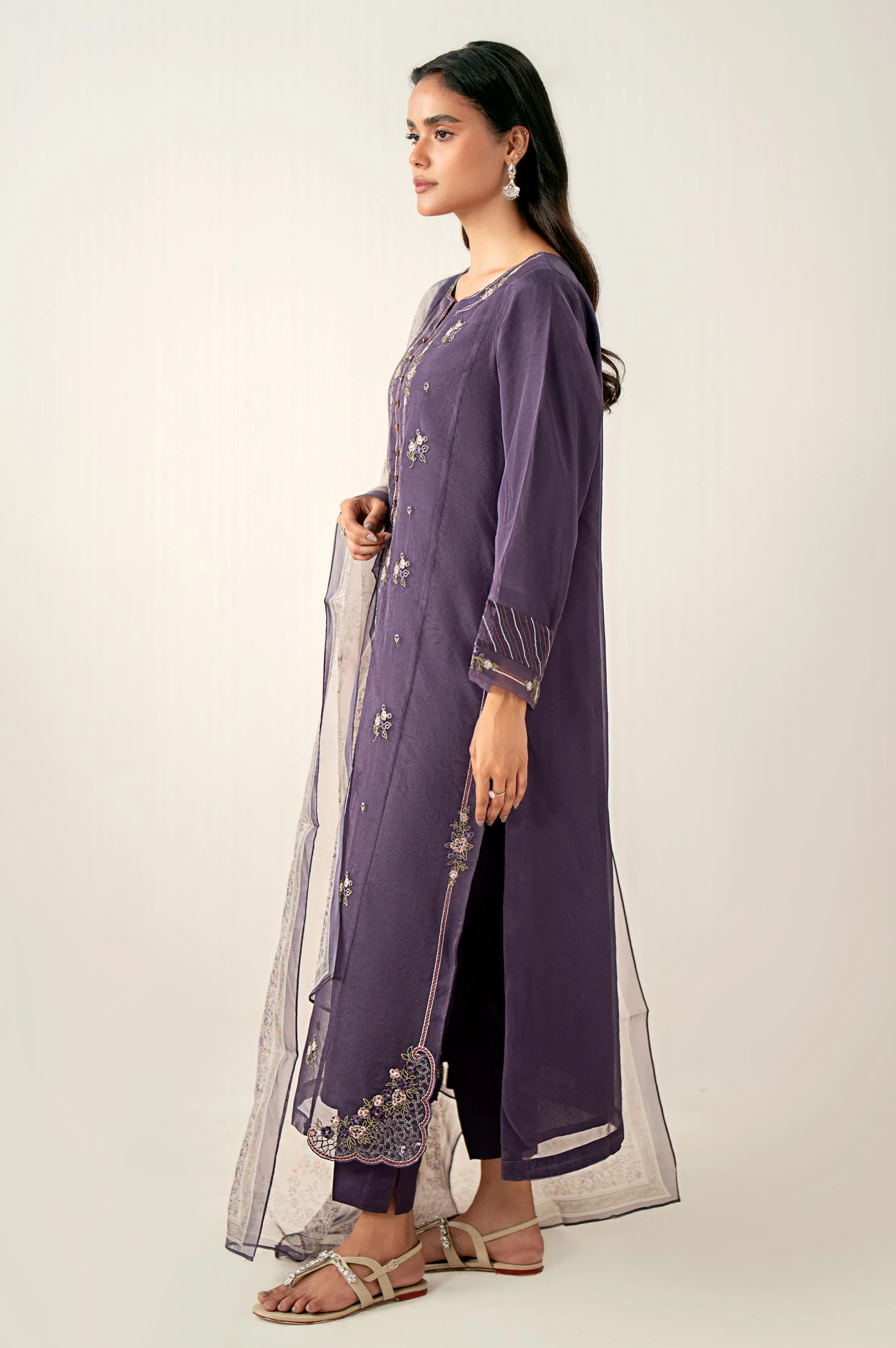 Stitched 3 Piece Embroidered Organza Suit - Image 3
