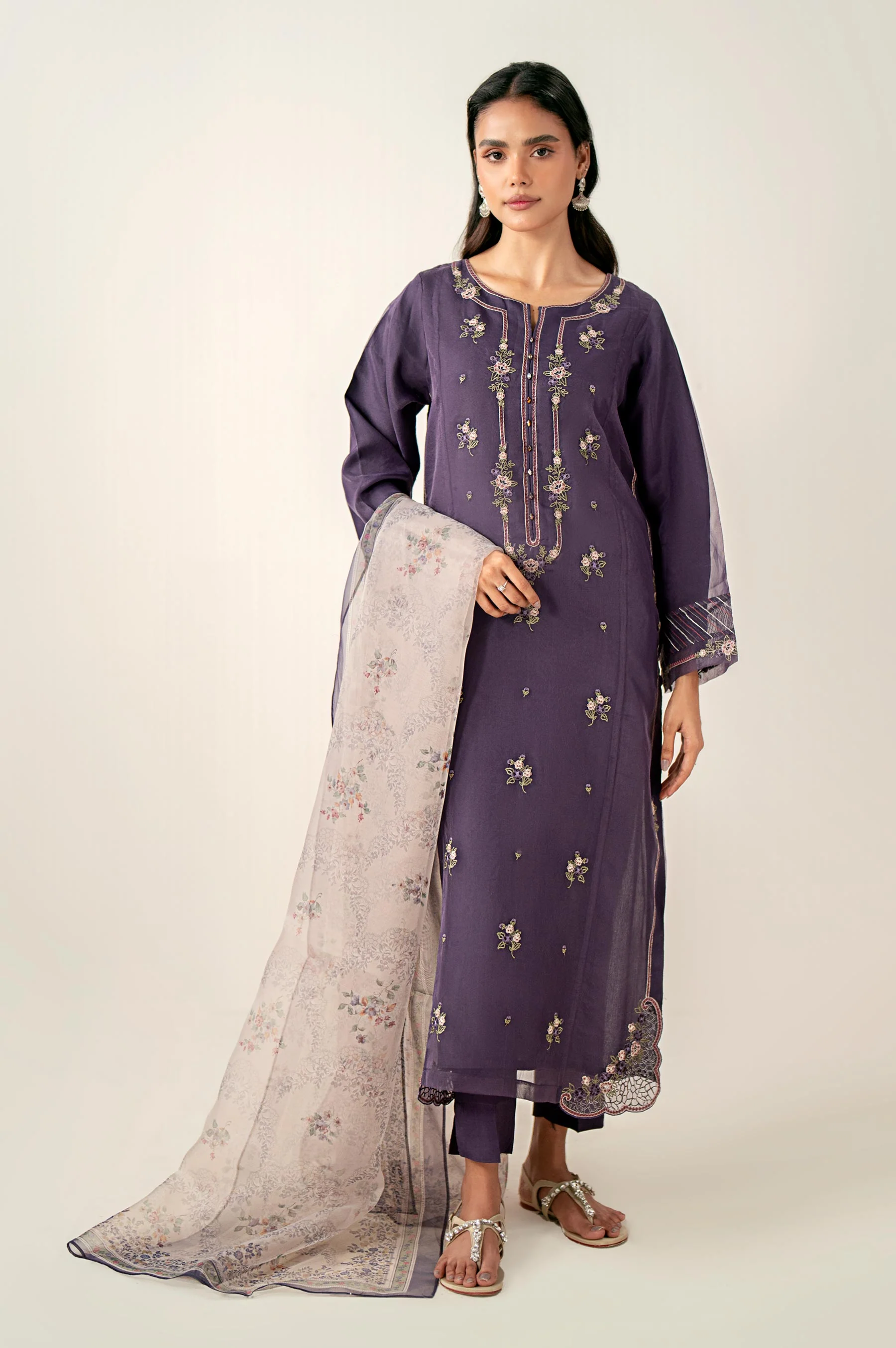 Stitched 3 Piece Embroidered Organza Suit - Image 4